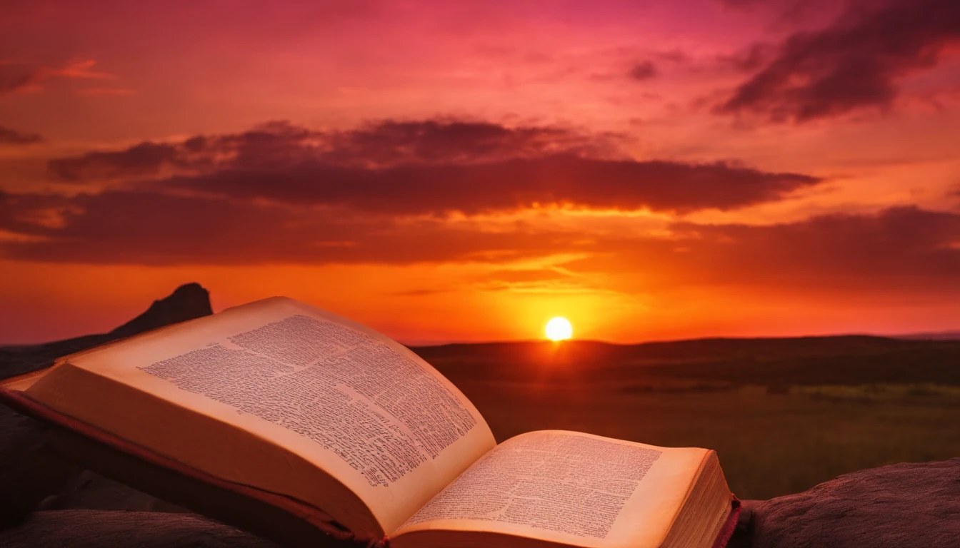 Orange and pink sunset with a beautiful yellow in the center and an open book, Bible