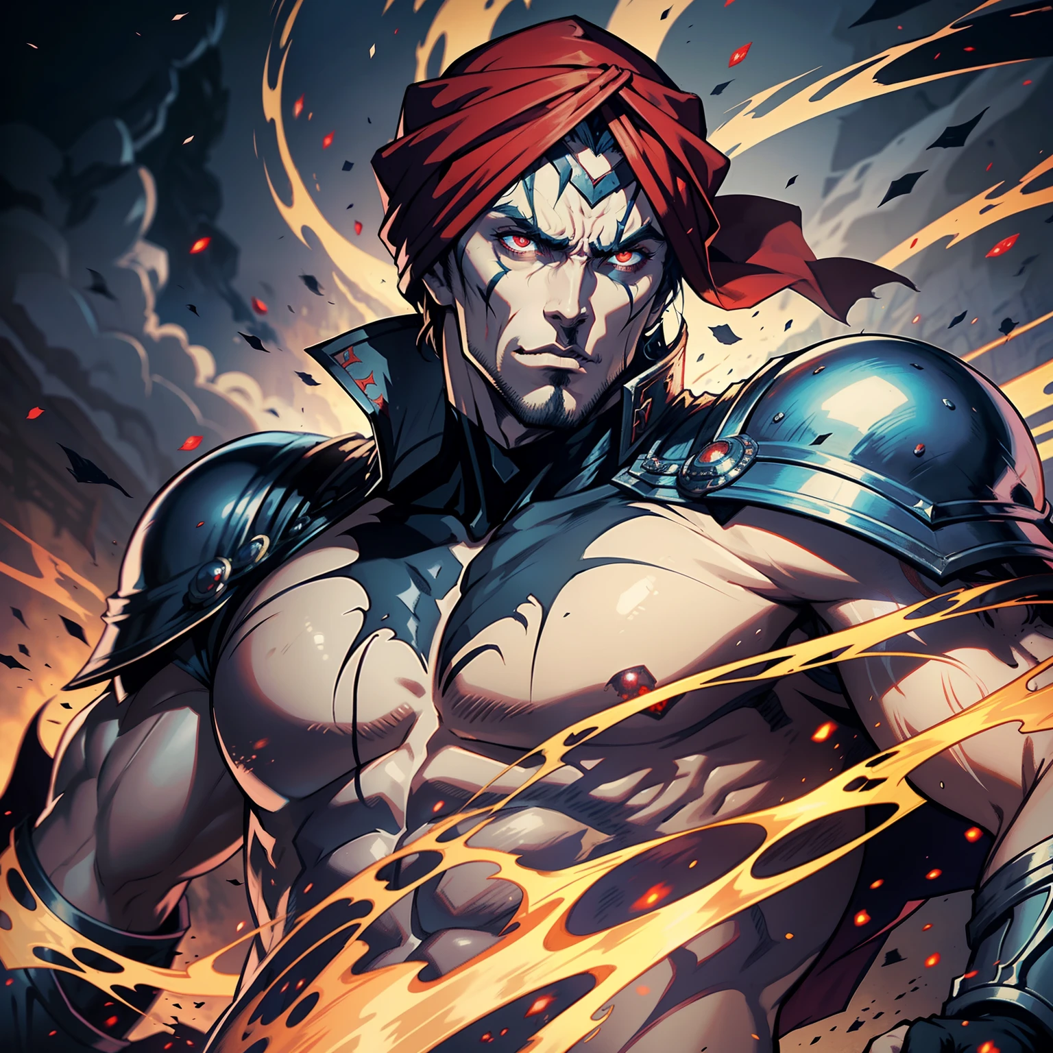 The king of fighters, a powerful and muscular man, stands boldly in the center of the arena. He wears a shield emblazoned with his crest, protecting his chest as he gazes intently at his opponent. Dressed in armor that shines under the arena lights, he wears a helmet adorned with intricate patterns, securing his fearless expression. The desert wind whips around him, causing a big cloud of dust and sand to rise, yet his resolve remains unyielding. In the distance, a flag flutters proudly, symbolizing his kingdom. Cavalos, his loyal steed, stands by his side, ready to charge into battle at a moment's