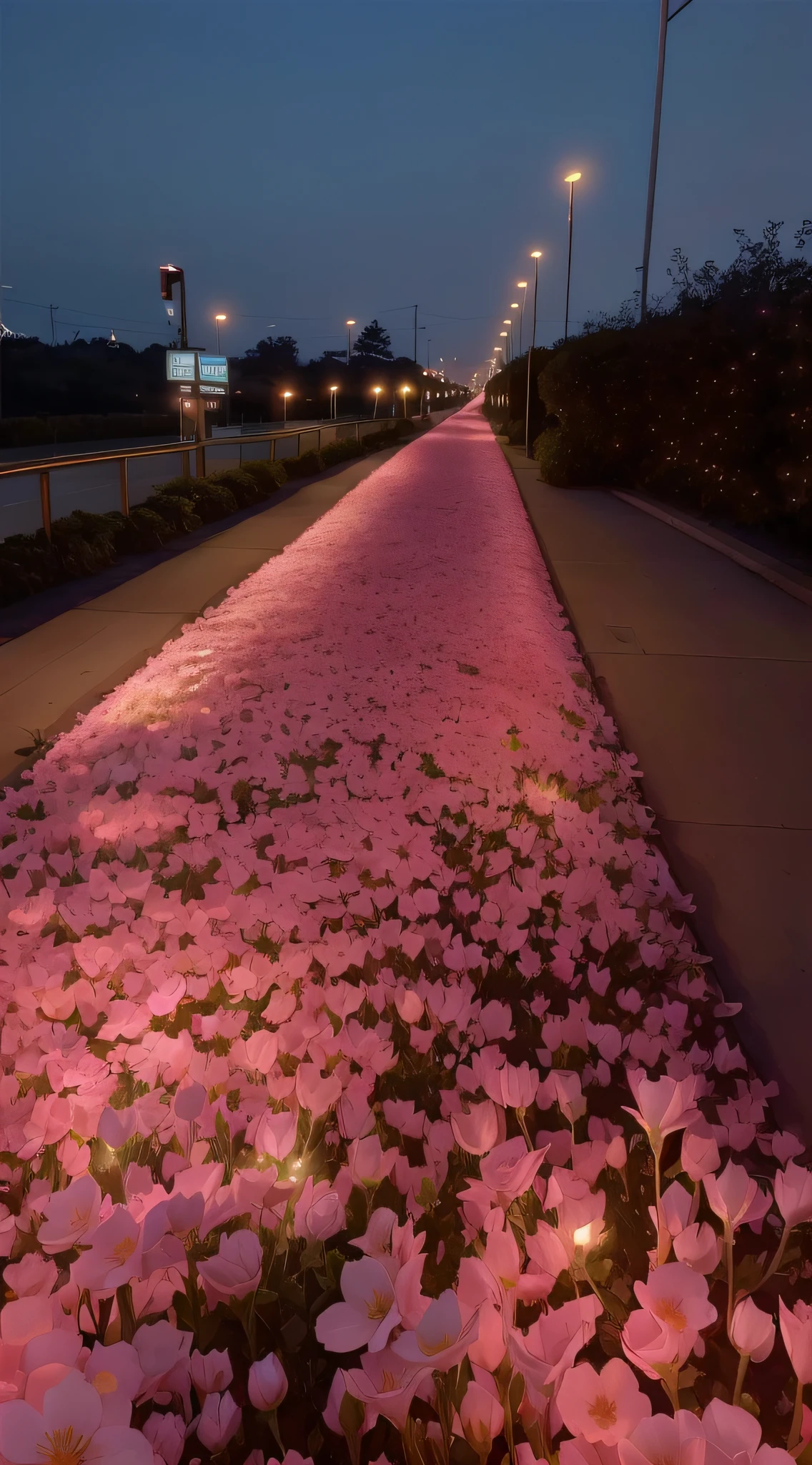 The flowers are in the middle of the sidewalk，With the lights on, field of flowers at night, blossoming path to heaven, Glowing flowers, art installation, beautiful light up, rose pink lighting, Scattered pink fireflies, surreal waiizi flowers, soft pink lights, lights with bloom,  Pink petals,  Visually stunning