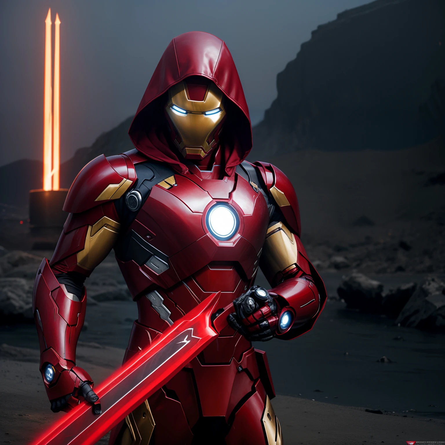 Capture the enigmatic beauty of a modern warrior - envision a stunning photograph of a ninja adorned in a sleek Iron Man-inspired costume. With a saber sword gleaming in the moonlit night, their assassin  red hoodie adds an air of mystery. Craft a detailed and realistic image, highlighting the intensity and allure of their stealthy presence, mecha red costume, wearing iron man mask.