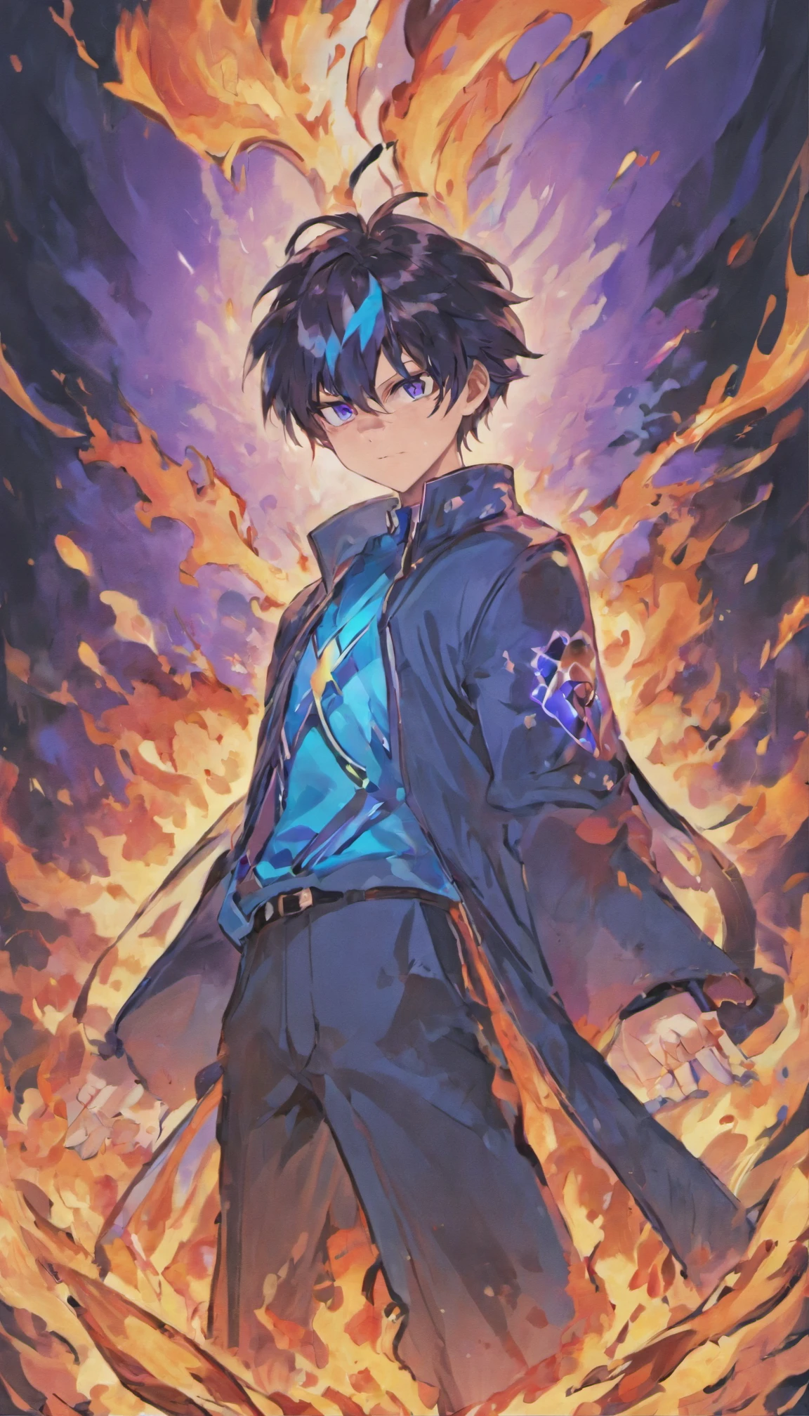 a man with black hair, purple eyes with a blue flame head and jacket, a handsome man with his back engulfed in a large fire, completely covered in flames by slaying the demons
