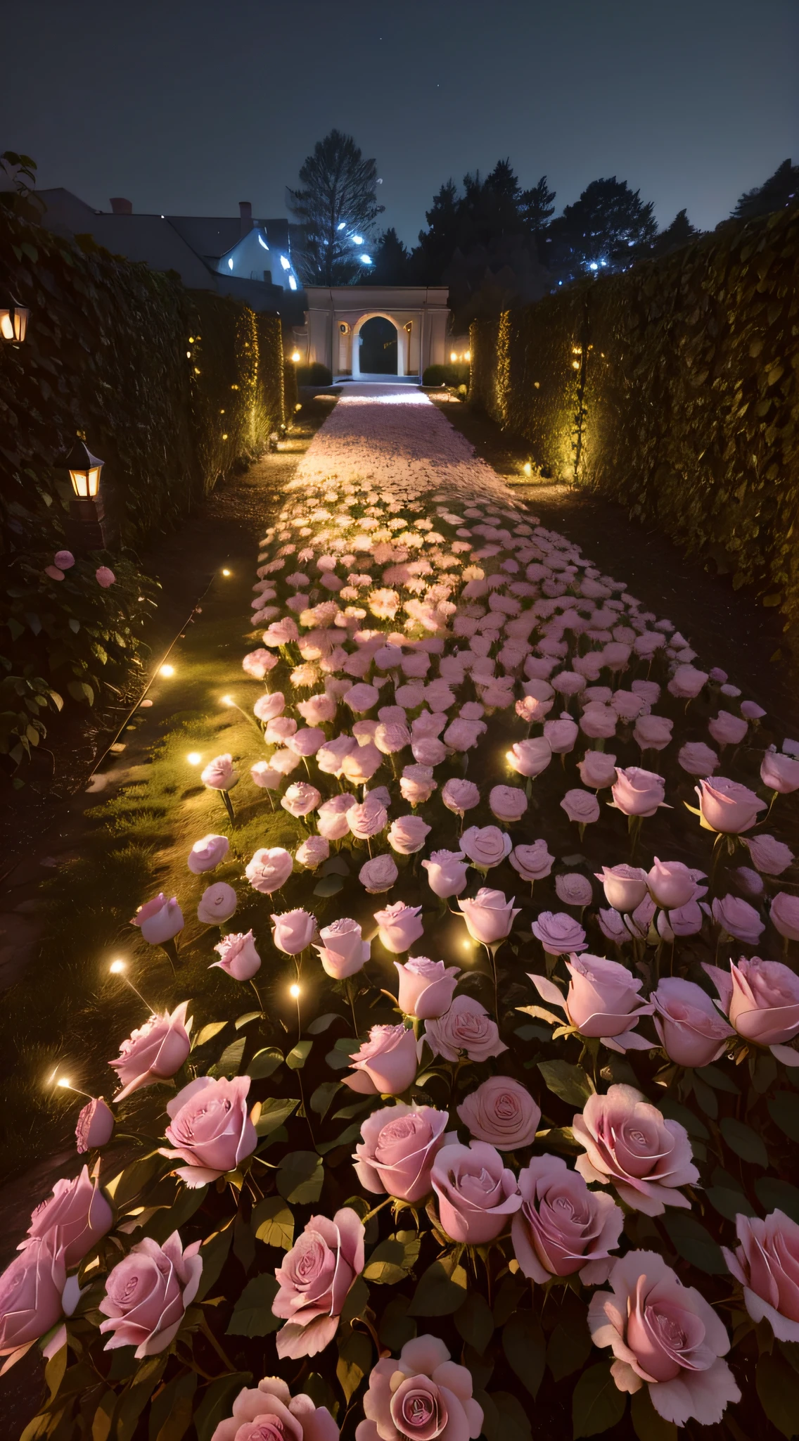 Lots of pink roses in the garden at night, portal made of roses, rose pink lighting, blossoming path to heaven, field of flowers at night, roses in cinematic light, Rose garden, In the evening, photograph of enchanted garden, walking down, soft bloom lighting, Soft glow, lights with bloom, Glowing flowers, soft light 4 k in pink, ultra-realistic realism
