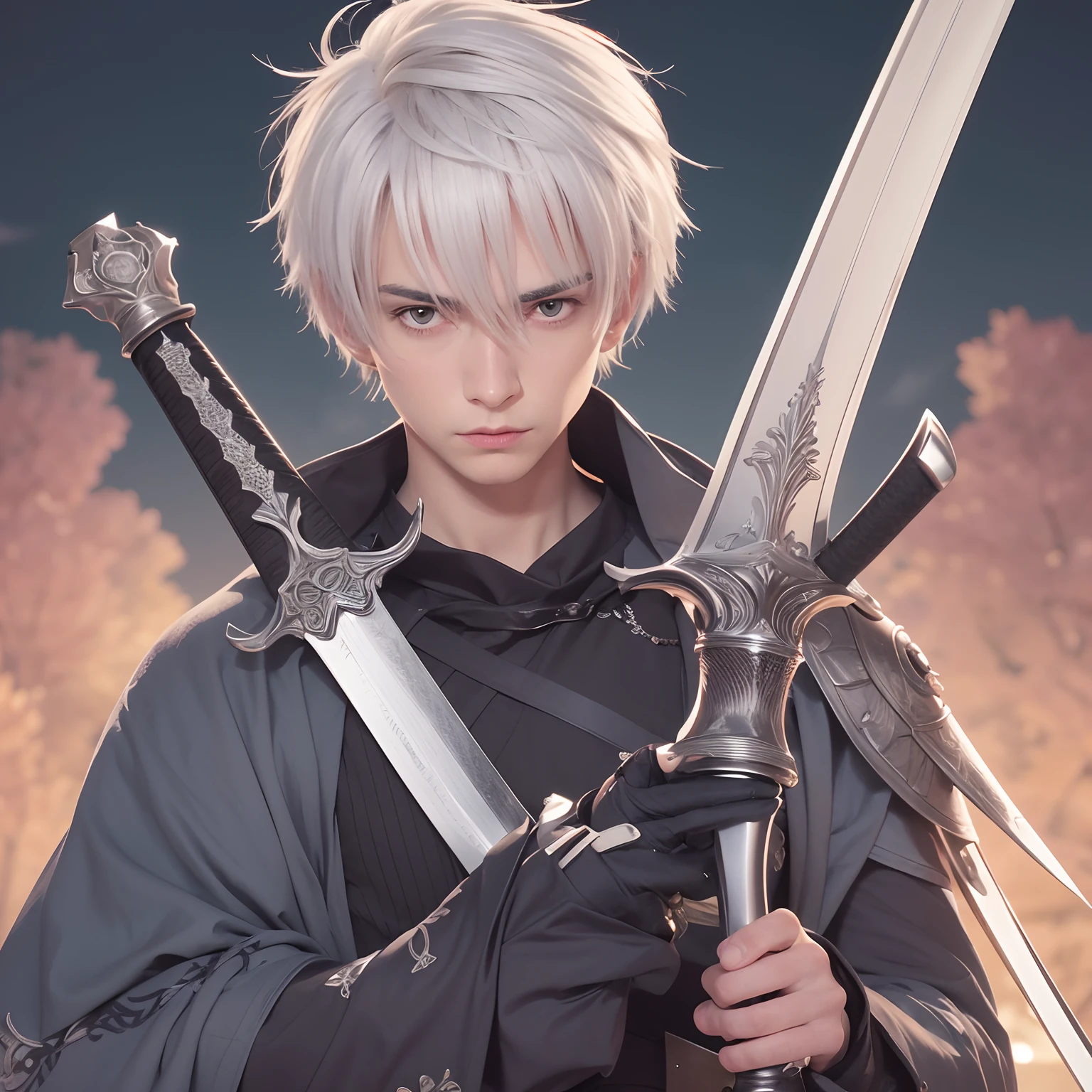 a man with a sword in his hand, white haired, a silver haired mad, holds a black sword, with large sword,