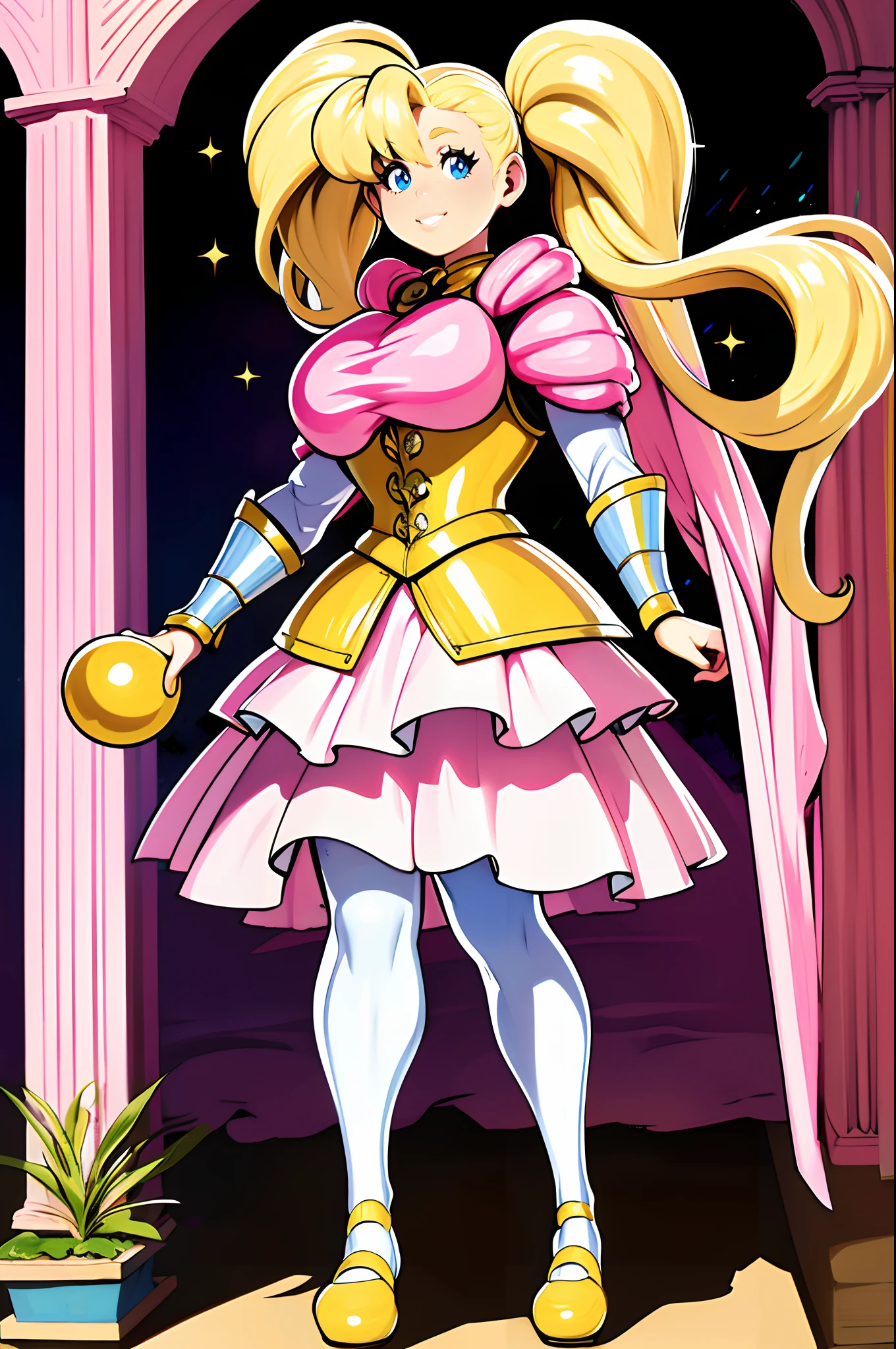 skirt vest, pantyhose, twintail, long hair, blond hair, knight, medium breast,honey lucmore,blue eyes,, walking, staff holding, cape,smile, 1character, 1girl, walking, magical girl,, solo focus, one character,pink lips, palading armor, knight, pink lipstic,best quality,4k,8k,highres,masterpiece:1.2),mega-detailed,(,1.37),portraits,vivid colors,warm tones,soft lighting,, full body