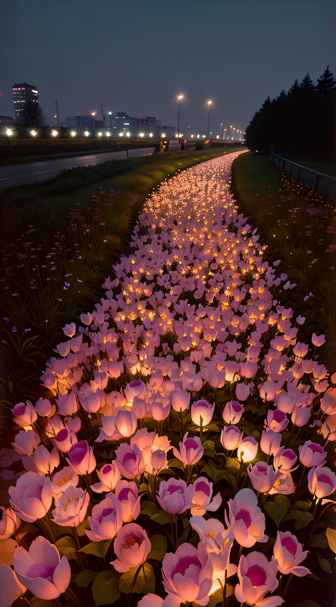 Flowers lit up on the sidewalk in the dark, field of flowers at night, beautiful light up, Luminous flowers, Glowing flowers,  Soft glow, illuminating the area, Naoto Fukasawa,