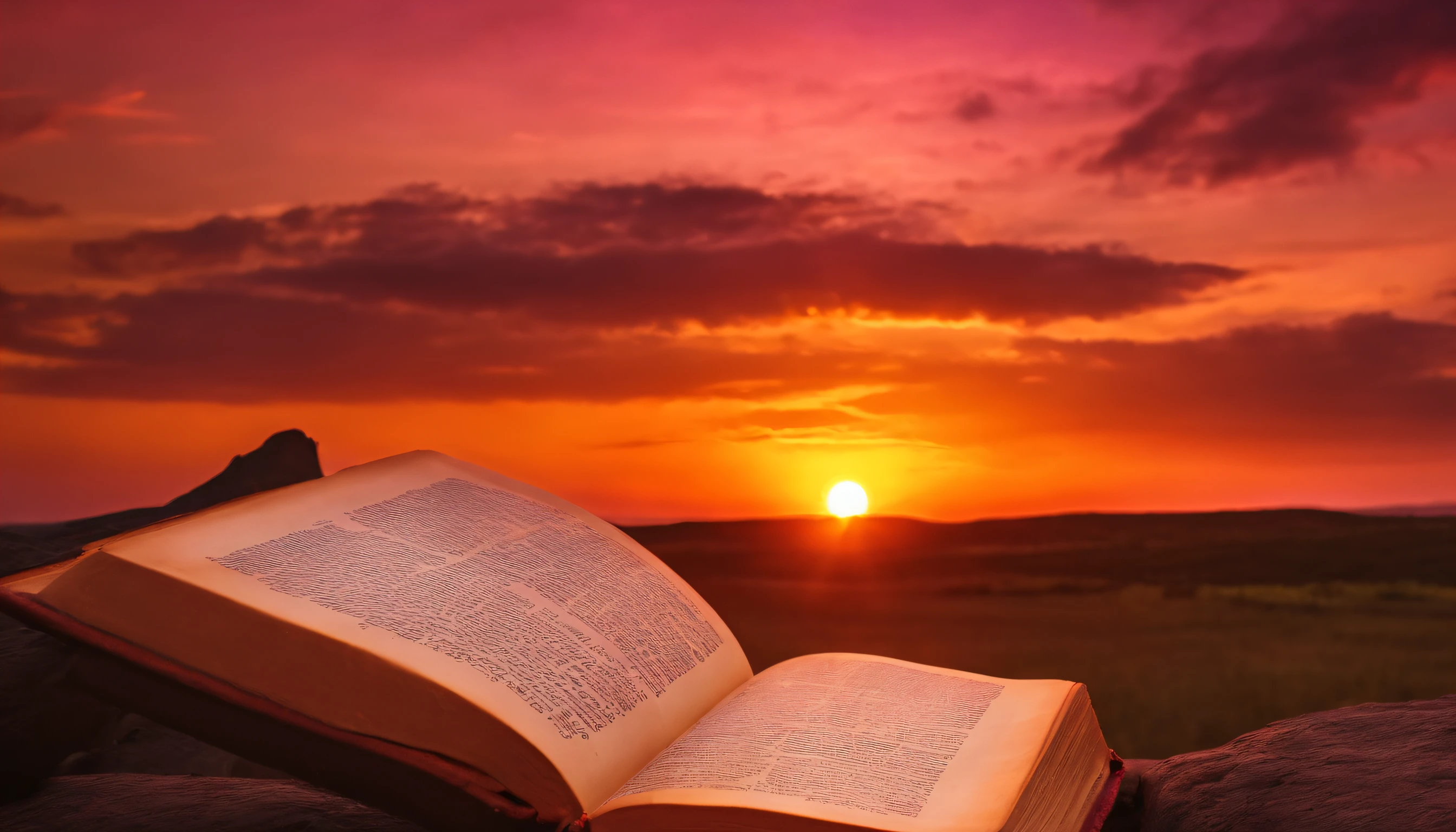 Orange and pink sunset with a beautiful yellow in the center and an open book, Bible