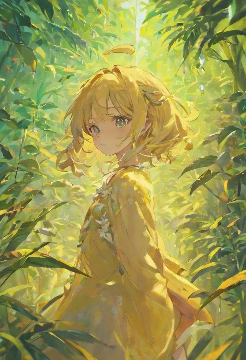 (master part, best quality), 1 com longos cabelos brancos sentada em um campo de plantas verdes e flores, hand under face, Sentindo-se envergonhado, warm lighting, , pele branca delicada, medium breasts, delicado , primeiro fundo desfocado, Sunset, oil painting, classical style, cores ricas, Pinceladas, texturas vibrantes, Retrato expressivo, dynamic compositing, Capture luz e sombra, artistry, beleza atemporal.