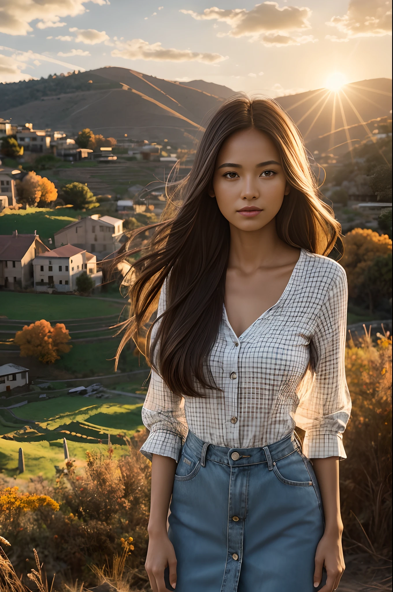 Morena, Long hair, Slender figure, terraces, Plaid, Autumn, evening, Sun'rays, Warmth, Portrait, 85 mm, F2.0, light, A hyper-realistic, 8K, FM2.0, cinema4d