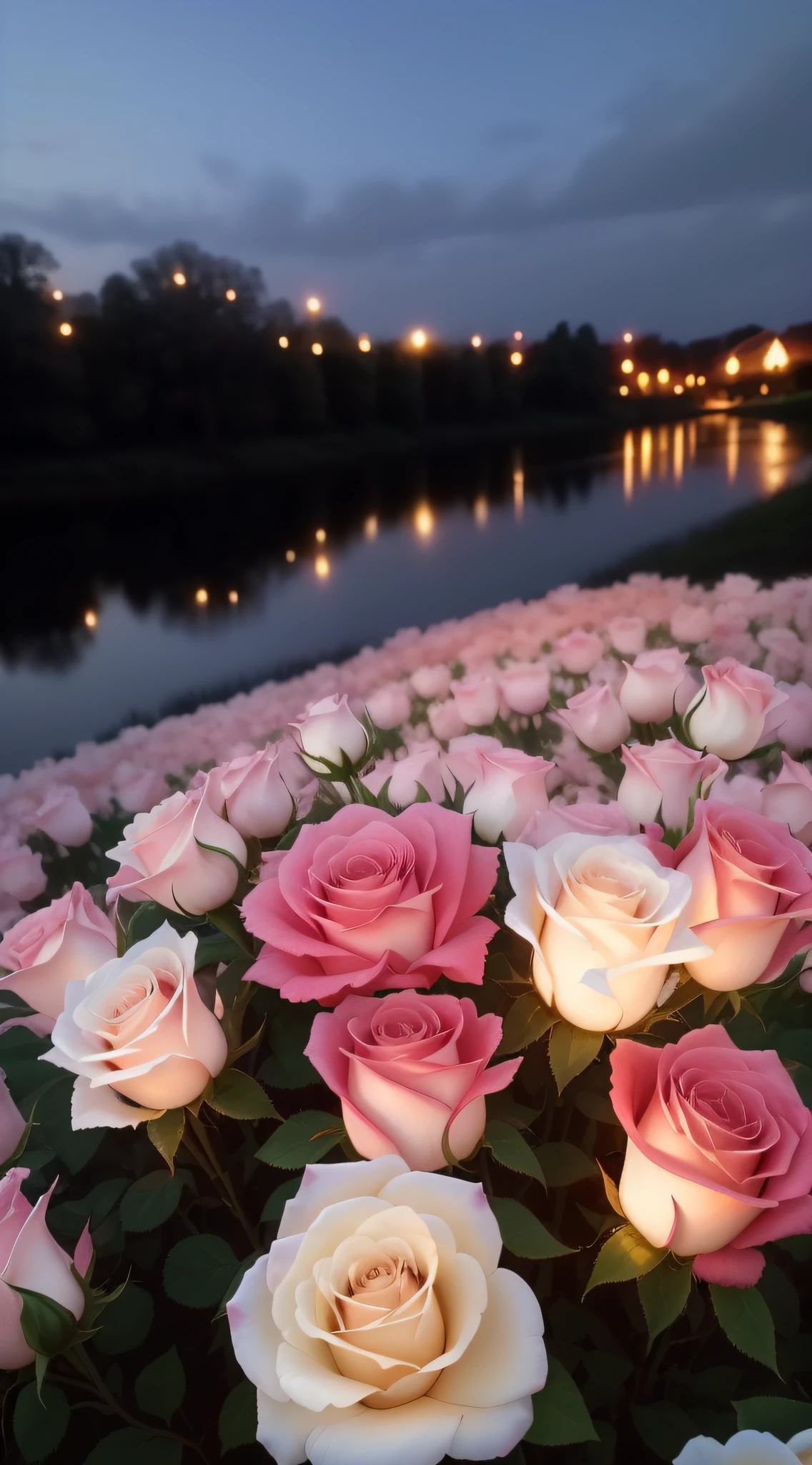There are many pink and white roses in the fields by the water, Glowing flowers, rose pink lighting, Luminous flowers, roses in cinematic light, beautiful light up, Beautiful flowers, rosette, Beautiful photography, big breasts beautiful, beautiful glowing lights, beautifully soft lit, Beautiful image, Romantic!!!, Beautiful!!!!!!!!!!!!, rosses, very beautiful photograph of, for a beautiful, beautiful ambiance