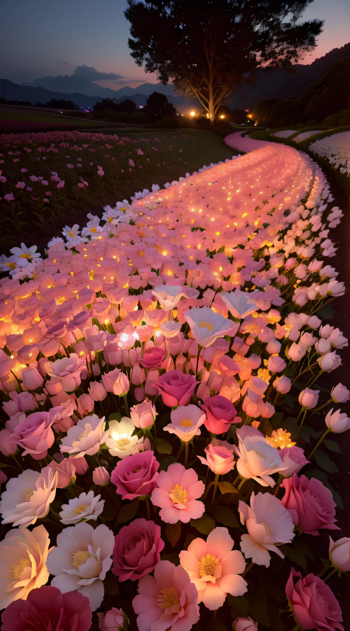 The flowers are lit in pink and white flower fields, Glowing flowers, Luminous flowers, field of flowers at night, beautiful light up, lights with bloom, rose pink lighting, soft bloom lighting, beautiful illumination, Beautiful large flowers, Soft glow, surreal waiizi flowers, beautifully lit, Beautiful flowers