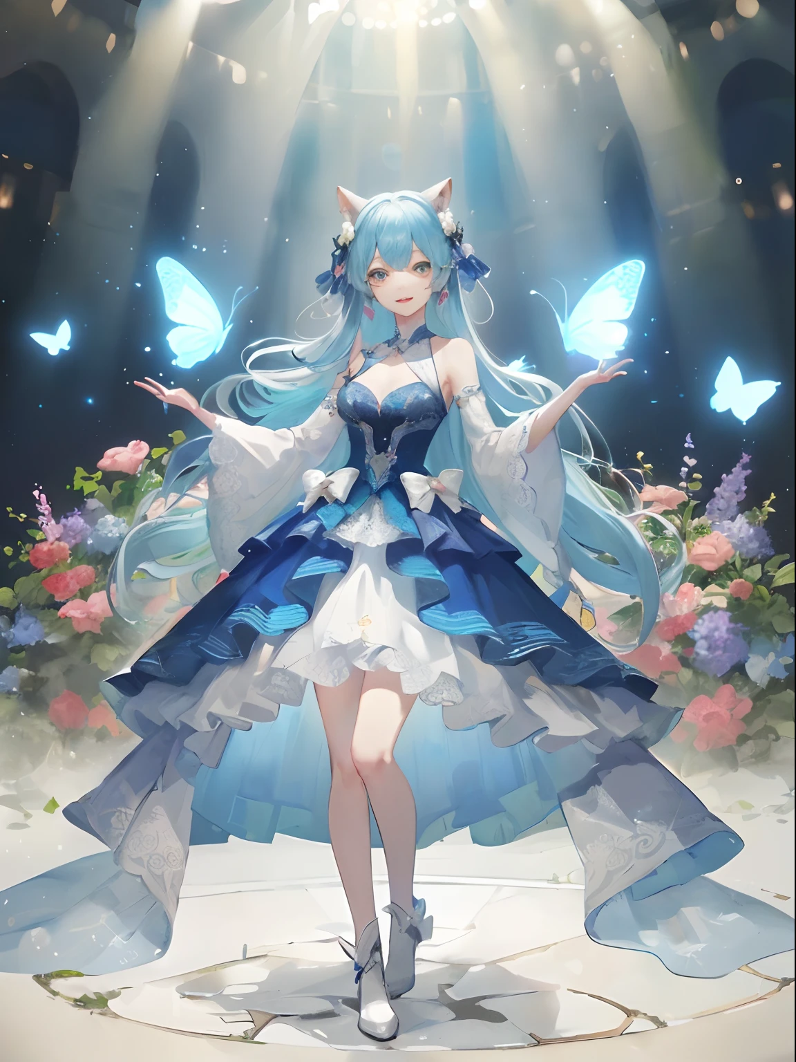 (tmasterpiece、top-quality、illustratio、Extremely high quality、high-level image quality、、A slight smile、beast ear,standing on your feet,、Butterfly style dress,