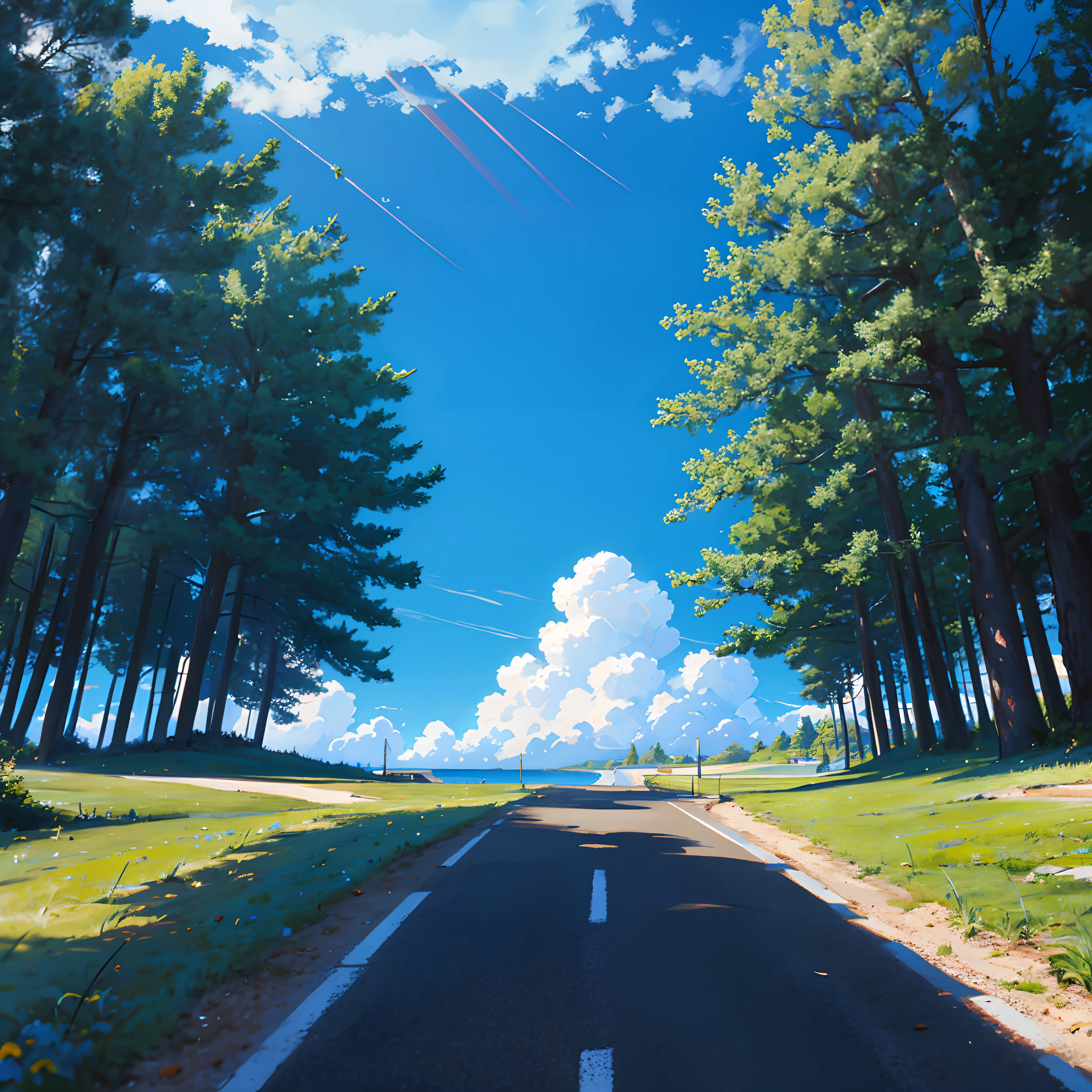 Blue skies，The sky is clear，cloudless sky，scenecy， vanishing point， from below， tmasterpiece， best qualtiy， 8K， 夏天， mid day， rays of sunshine， blue-sky， ssee-through， depth of fields， A high resolution， finedetail， ultra - detailed