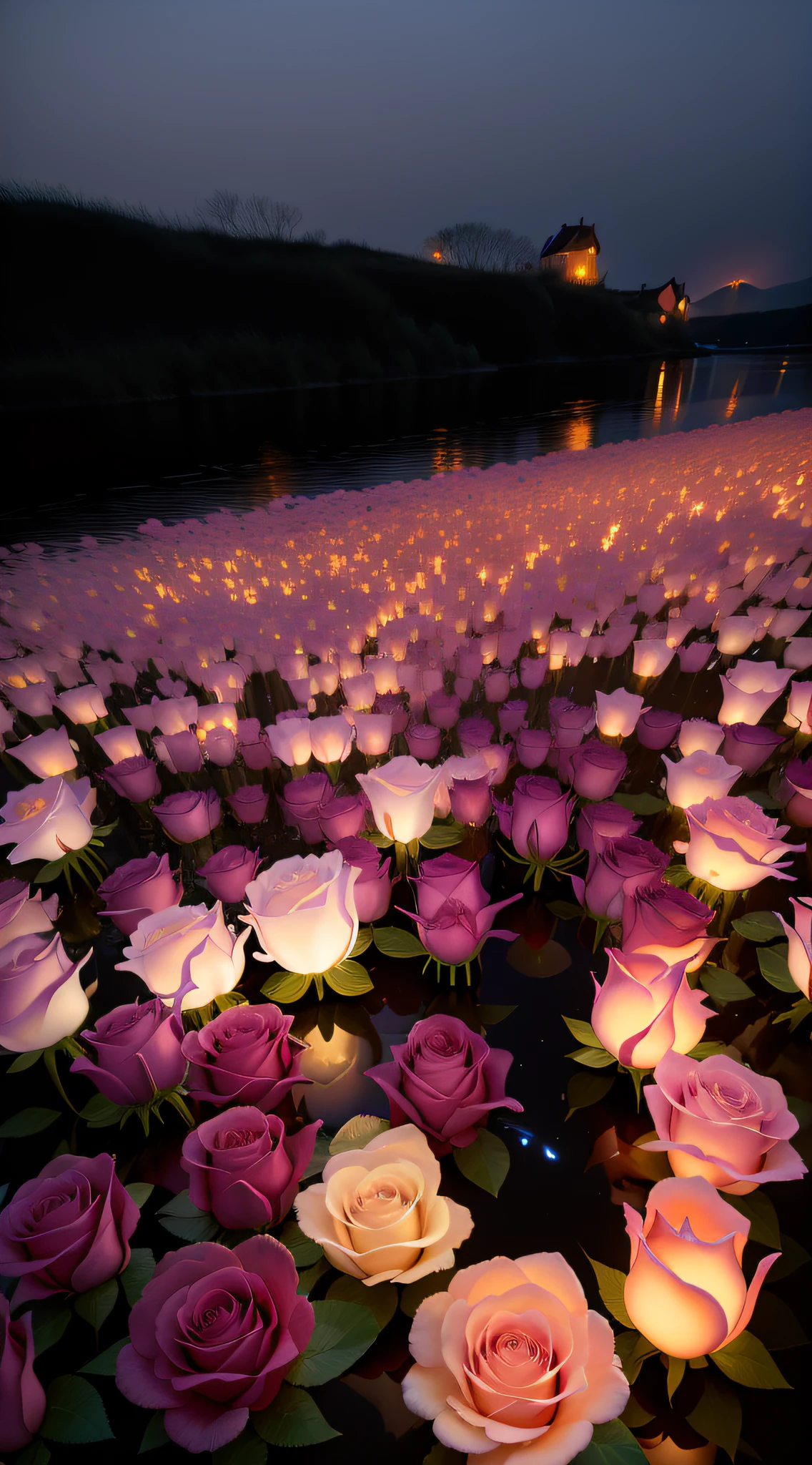 The flowers are illuminated by water in the dark, Glowing flowers, Luminous flowers, beautiful light up, rose pink lighting, field of flowers at night, roses in cinematic light, Soft glow, Romantic!!!, Floating lights, Beautiful!!, beautiful illumination, beautiful glowing lights, lights with bloom, Floating lanterns, Flowers!!!!, Beautiful flowers, Beautiful!, big breasts beautiful!, beautifully lit