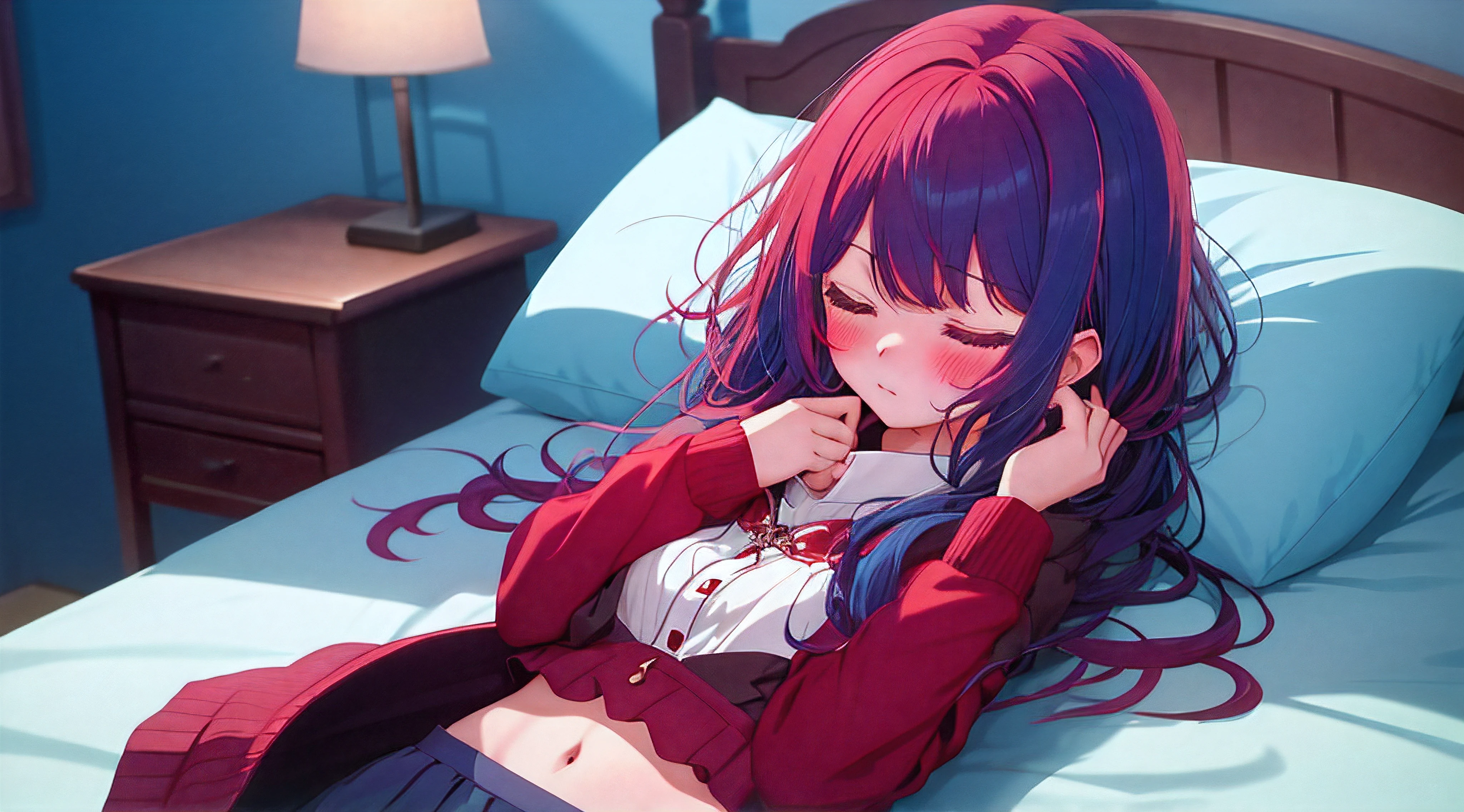 Enchanting Away、Cowboy Shot、Wearing an idol costume with a miniskirt with the navel visible、Hair color is blue、No accessories on、No hat、(red blush:1.3)、Sleeping sideways in bed
