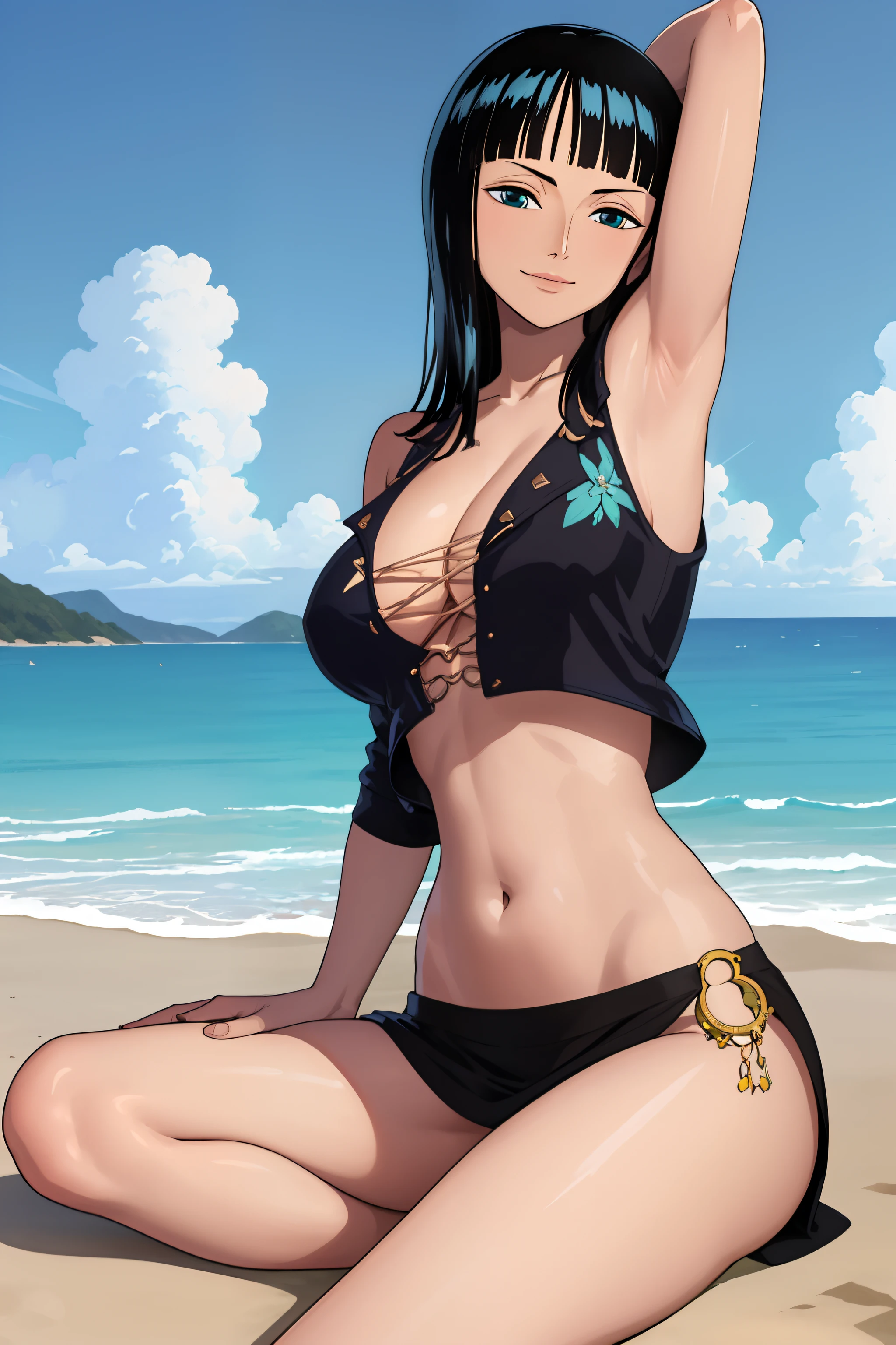 (masterpiece),best quality,Amazing,finely detail.Depth of field,beautiful detailed eyes, nico robin, 1girl,mature female,happy,light smile, detailed complex background , detailed skin, looking at Viewer , perfect anatomy ,Nico Robin , straight black hair ,sunny day , Blue sky, big breasts , (masterpiece),(best quality:1), (ultra highres:1), ({high detailed),  best quality, full body, amazing, hyperdetailed, intricate details, beautiful lighting, Nico Robin,  1girl, aqua eyes, black hair, breasts, cleavage,  collared jacket, cowboy shot, crop top, cropped jacket, eyewear on head, fingernails, hand up, high collar, jacket, large breasts,  looking at viewer, midriff, navel, plunging neckline, pose, sarong, short sleeves, smile, solo, ((sitting on in the bar)), stomach, sunglasses, very long hair, flow, m4a1, trigger discipline,nico robin,NicoRobinV3 , (milf) , ((hands behind the head , armpit)) , arms behind , (((view from below))), sexy thighs