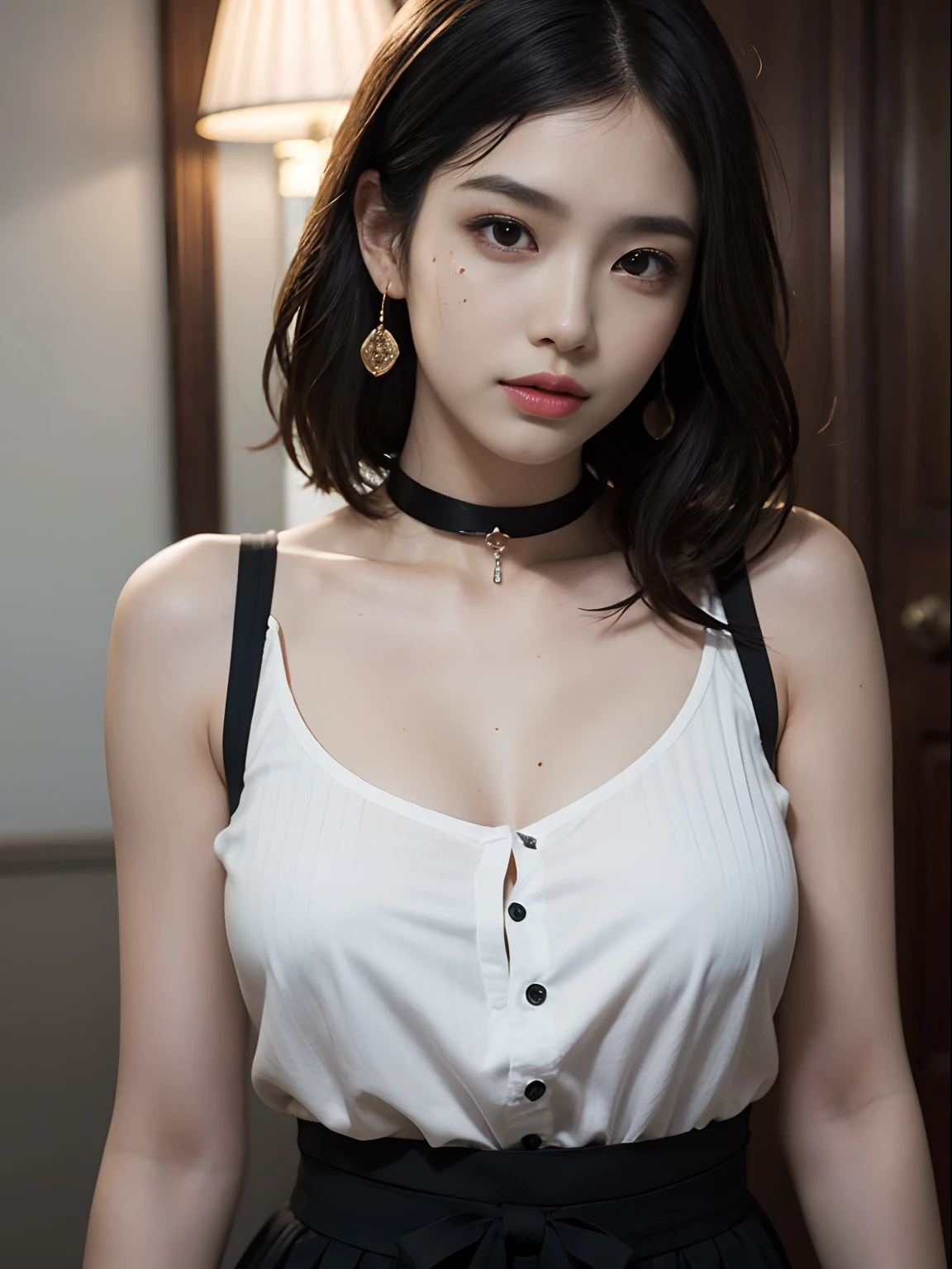 (((very massive round chest))), (Full body shot), Short hair, Straight hair, Wearing a choker around his neck、((Blouse)), Skirt, Sleeveless, 、Raw photo, Extremely delicate and beautiful, masutepiece, Best Quality, Ultra High Resolution, 16 K, hyper realisitic, Ultra-detailed, Very detailed CG 8k wallpaper, Beautiful lighting, Perfect Lightning, Realistic Shadows, Perfect Anatomy, Ultra-detailed shiny skin, Perfect figure, A Japanese Lady, late 20s age, Very slim body, Narrow waist, Very small head, Handsome detailed woman, Very detailed eyes and face, Realistic face proportions, Stunning detailed eyes, Realistic beautiful face, Very small face, Realistic tiny beautiful eyes, Double eyelids, makeup, tear moles, Earring,