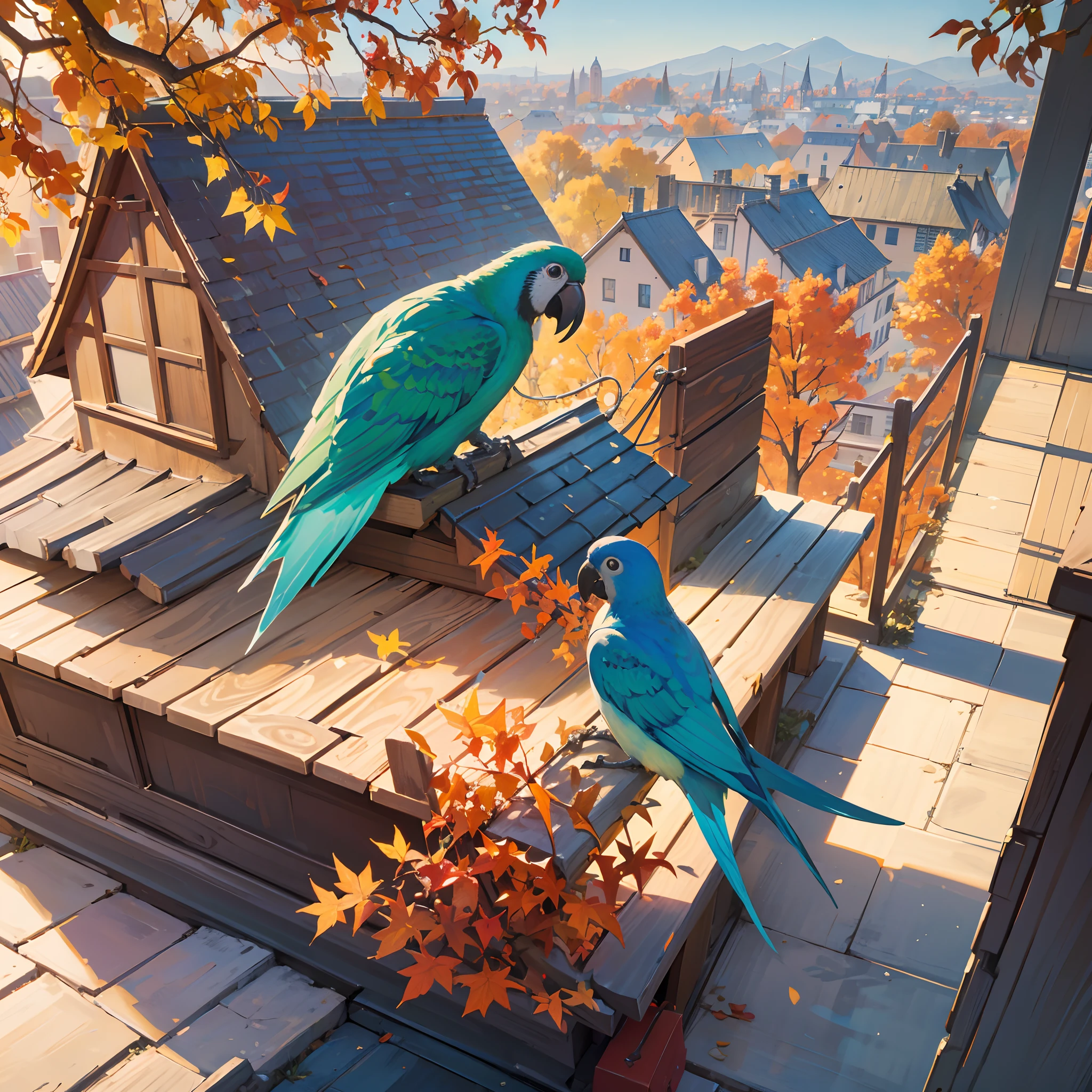 (Best Quality,Photorealistic:1.37),Vibrant autumn season,Quaint illustration style,Adorable parrot sitting on a rooftop overlooking the cityscape from a distance,nostalgia,A clear day,Local neighborhoods,Happy atmosphere,Autumn leaves,Flying birds,Balcony full of flowers,Gorgeous rooftop,Crooked street,People taking a walk々,cozy cafe,Bustling market stalls,Unique buildings,sunlight gleaming,Muted colors,Classical architecture,blue open sky