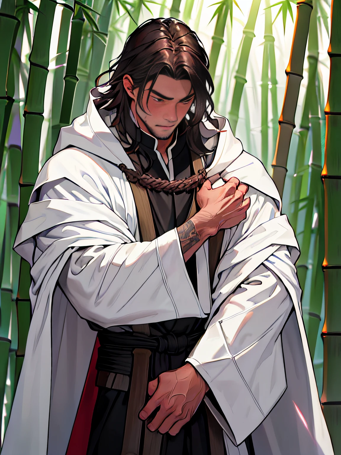 Best quality, high resolution,1 man,Male, mature, Handsome,musculature,Antique costumes, long whitr hair, brunette color hair,Martial arts,Dressed in black, (White cloak:1.3), Dusty, Rough male, Chivalrous, (Bamboo forest:1.3), (Blushing:1.2),Close-up,