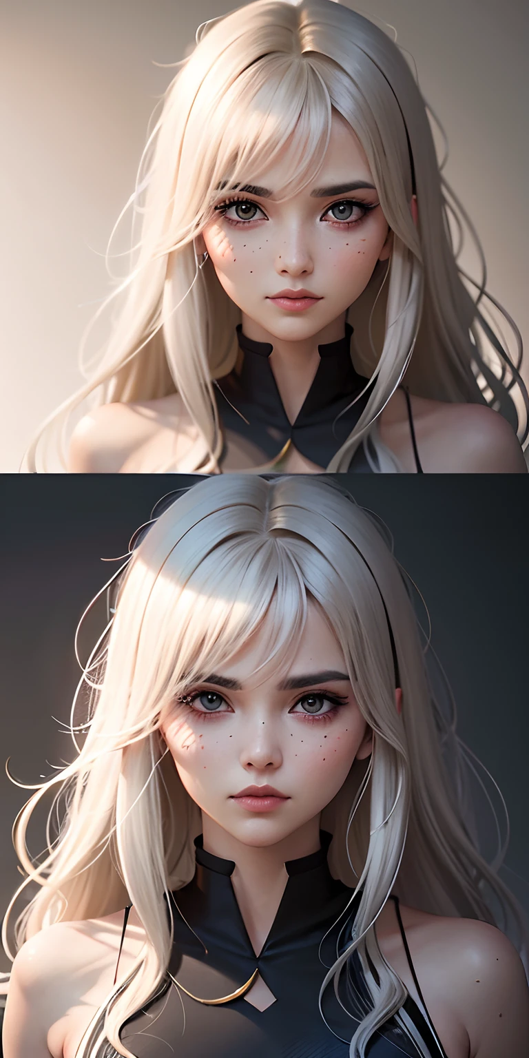 um close up de uma mulher com longos cabelos loiros e cabelos sardados, estilo realismo anime, estilo de arte realista, realismo de anime, RossDraw Retrato, arte de anime realista, estilo de arte realista, realistic anime art style, No estilo de Ross Tran, Wlop e RossDraw, Rossdraw 1. 0, Estilo anime 3D realista, Estilo Ross Tran, olhos pretos