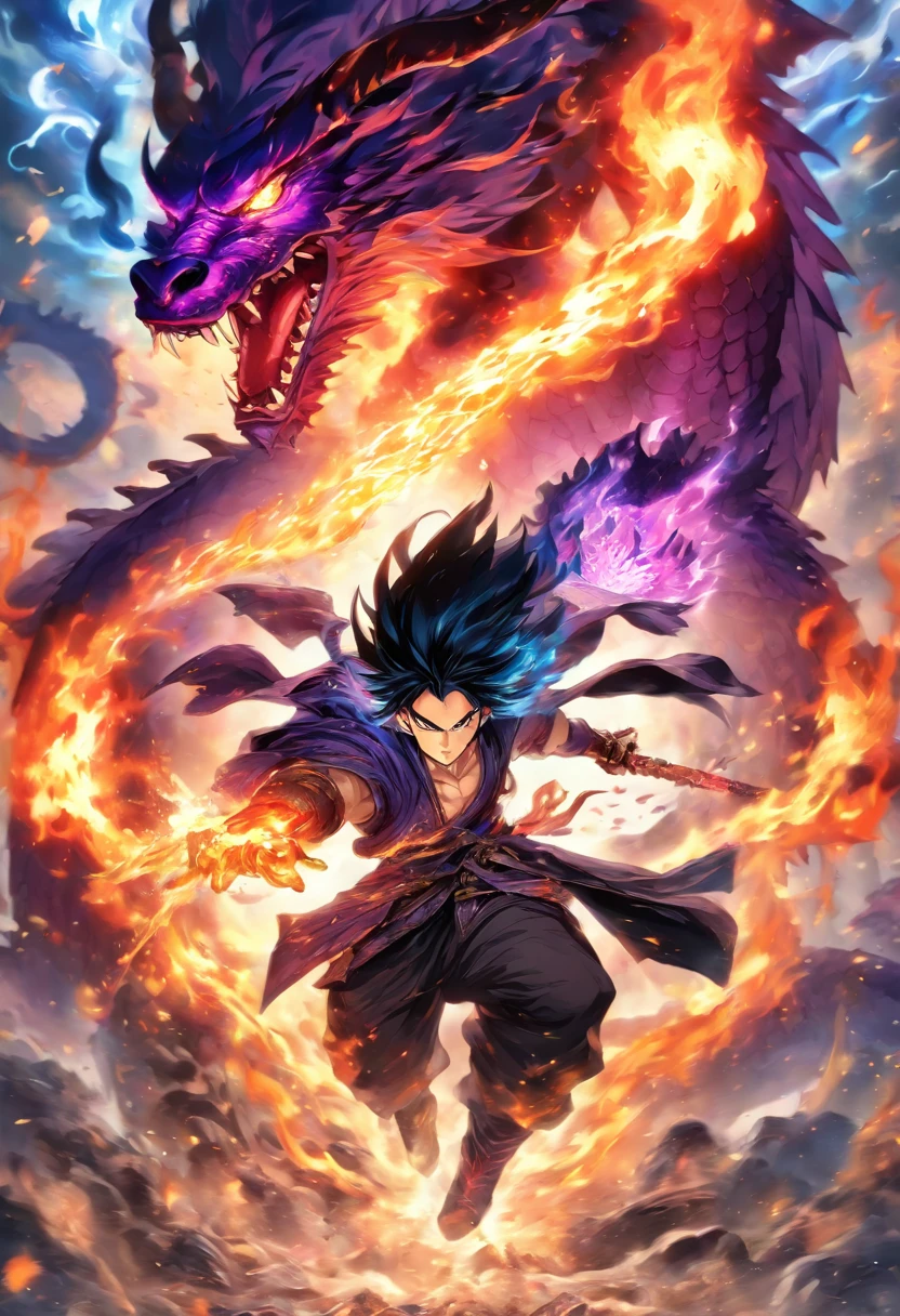 Illustration mage nullifying an enemy magic,a man with black hair, purple eyes with a blue flame head and jacket, a handsome man with his back engulfed in huge flames, while gallantly riding a dragon while carrying a sword completely covered in flames by killing demons