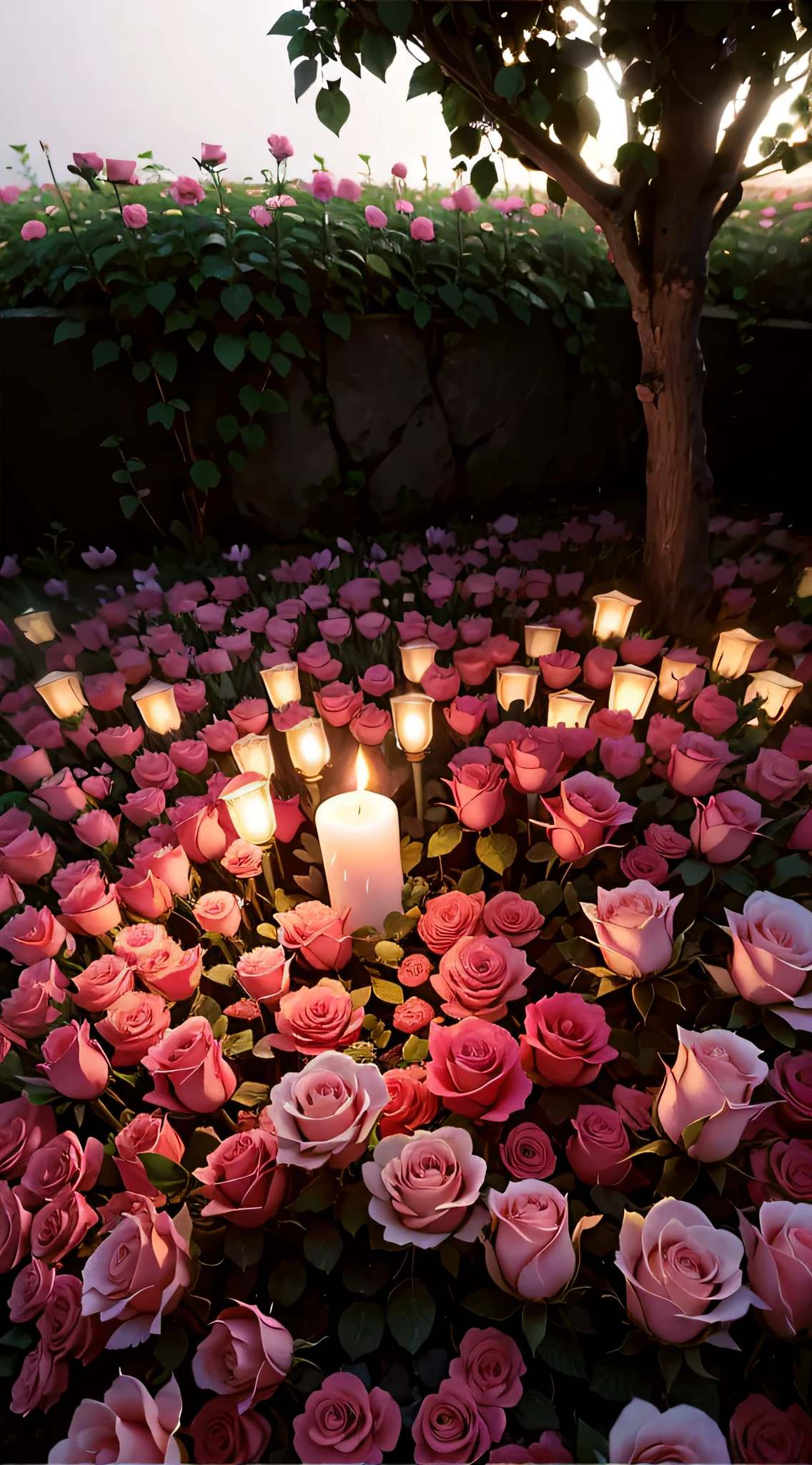 A candle was lit on the rose bed, rose pink lighting, Glowing flowers, roses in cinematic light, Romantic atmosphere, Luminous flowers, beautiful ambiance, lights with bloom, lamps and flowers, beautiful ambiance, Soft glow, soft bloom lighting, field of flowers at night, Flower beds on the floor, gentlesoftlighting, Evening atmosphere