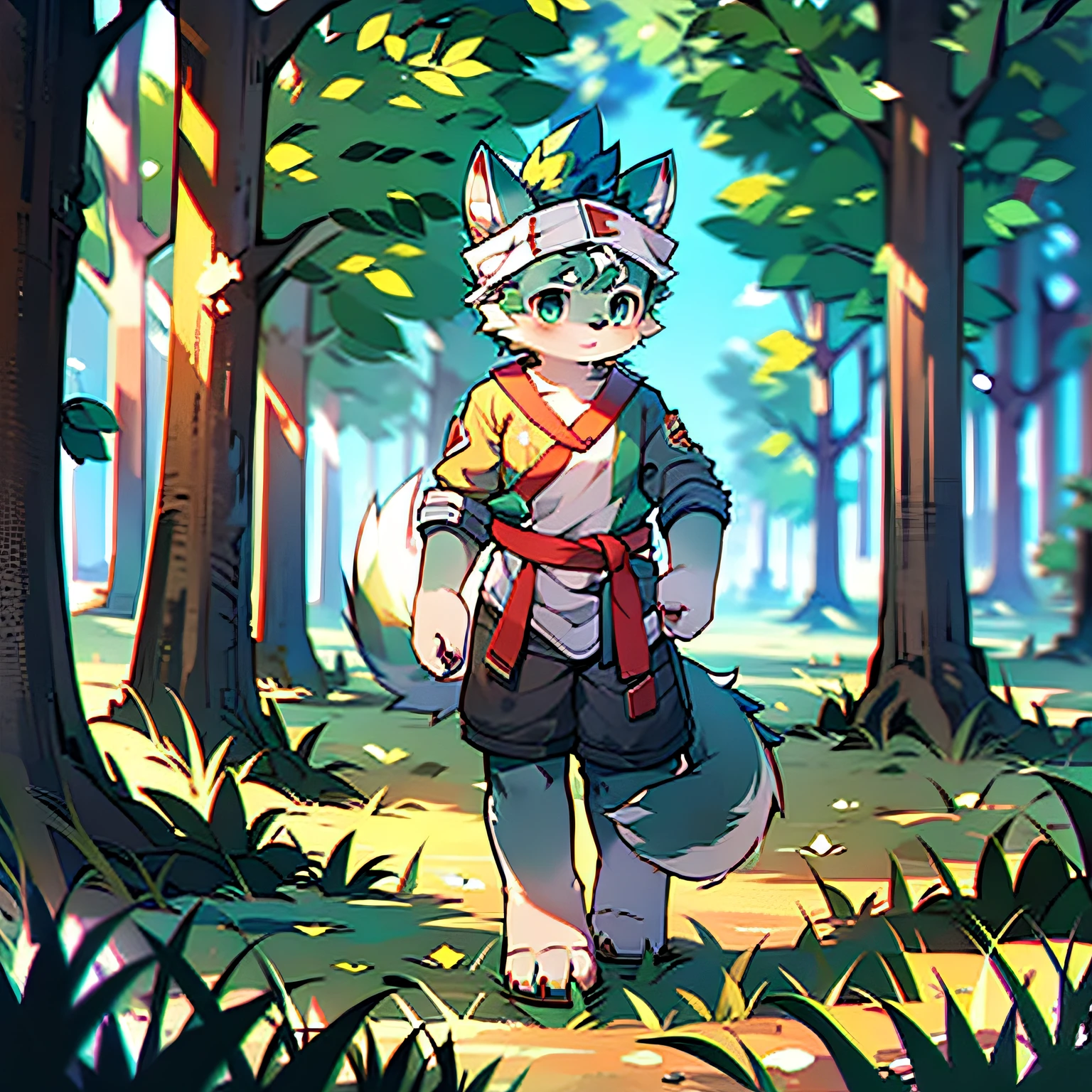 High detail,hyper qualit,high resolution,1080p,独奏,Furry,(Male steppe wolf:1.8),(Gray fur:1.3),Gray skin,Gray ears,Turquoise eyes,Soft paws,Slim body type,Medium height,(Fluffy tail:1.2),Wear ranger clothes,Wear a gray hat,A black slingshot pinned to his waist,Standing alone on a path in the forest