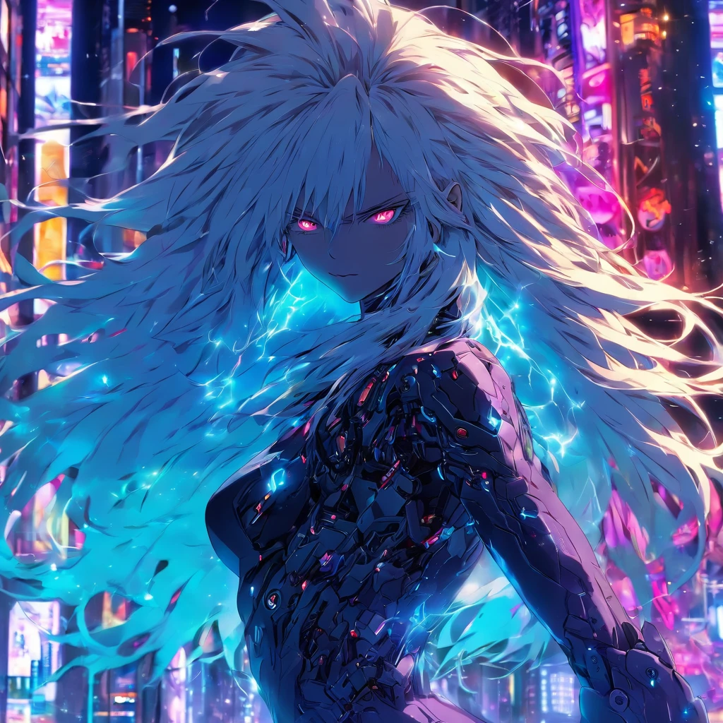 Handsome girl, Cybernetics set, Long white hair, Night City, whole-length, Sexy, Evil face