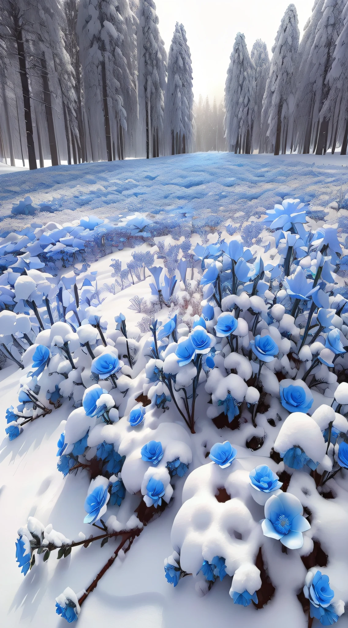 There is a blue flower field covered in snow, with frozen flowers around her, blue flower field, cold blue colors, Blue Forest, surreal waiizi flowers, blue flowers bloomed all over, surreal frozen landscape, forest with flowers blue, snow field, Ice sunflower, inspired by Igor Zenin, snow forest, glowing snow, Blue! and white colors