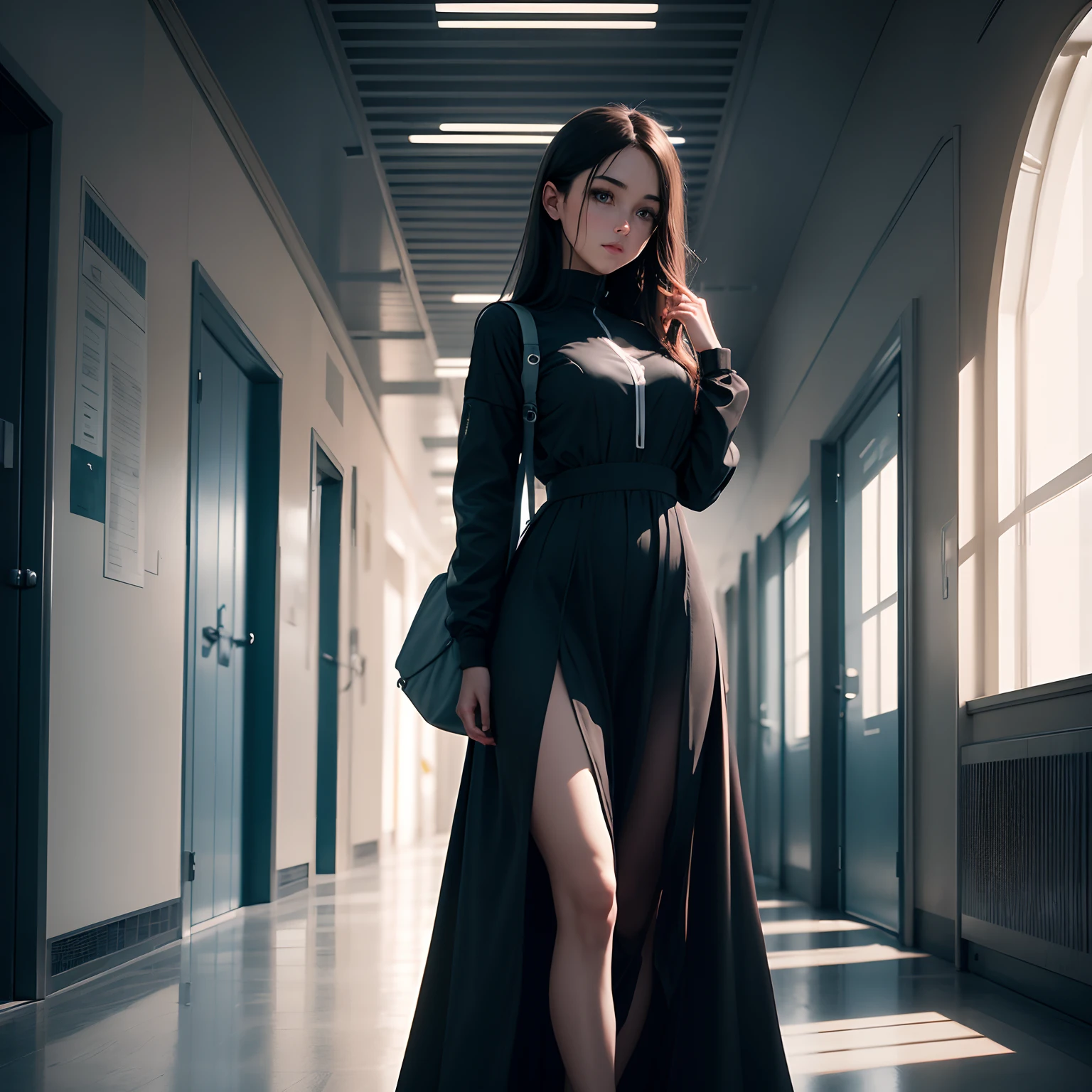 High-tech future world，In the hallways of the school，Standing was a dark-haired woman in a long dress