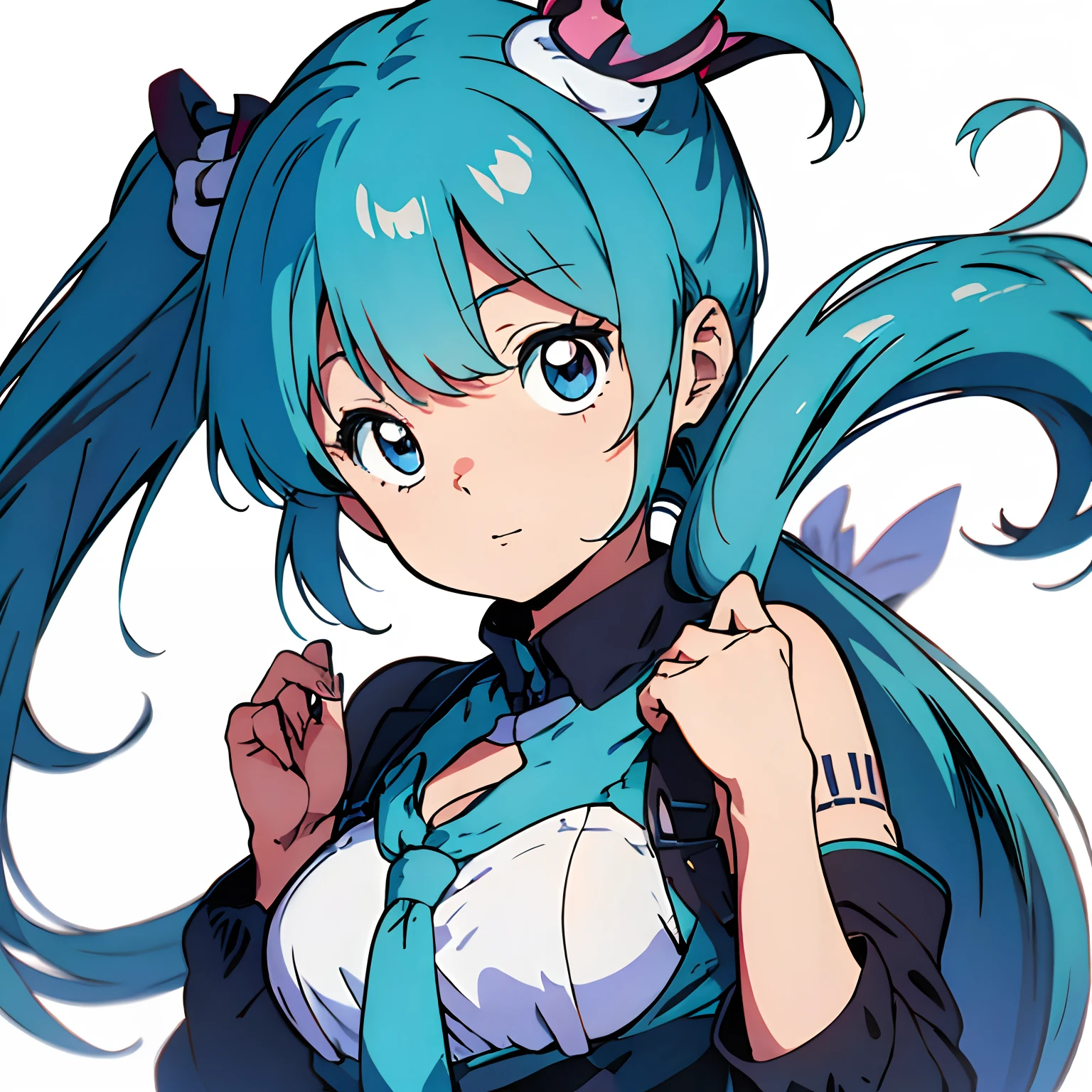 miku hatsune、tiny chest、Big eyes、Blue-haired、Twin-tailed、microphone、White background、Chest illustration、cute little、Shoujo manga style、without background、eyes large