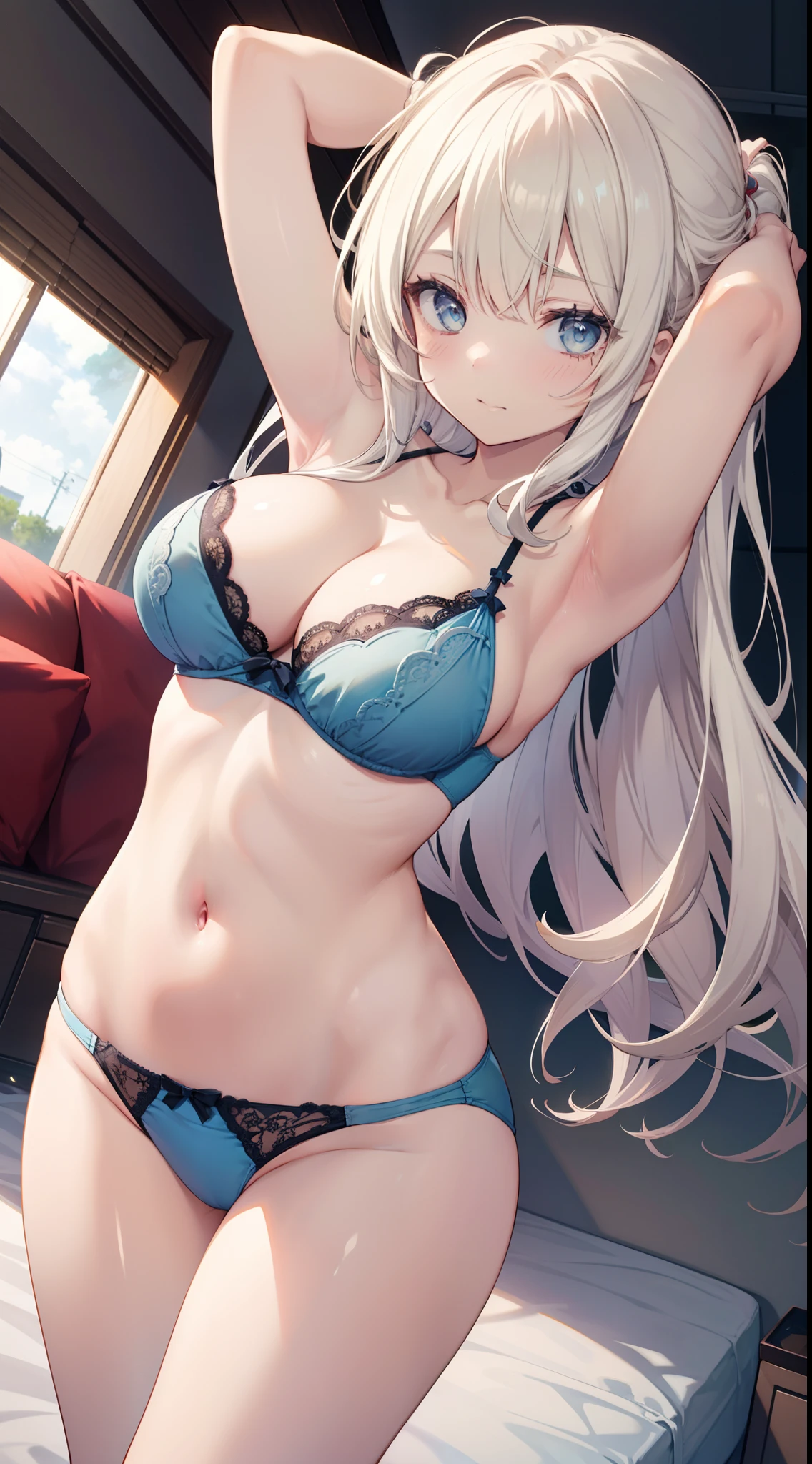 masutepiece、hight resolution、1girl in、in one's underwear only、Light blue lingerie、large full breasts、bending forward、Poses that emphasize breasts、Cute anime illustration、