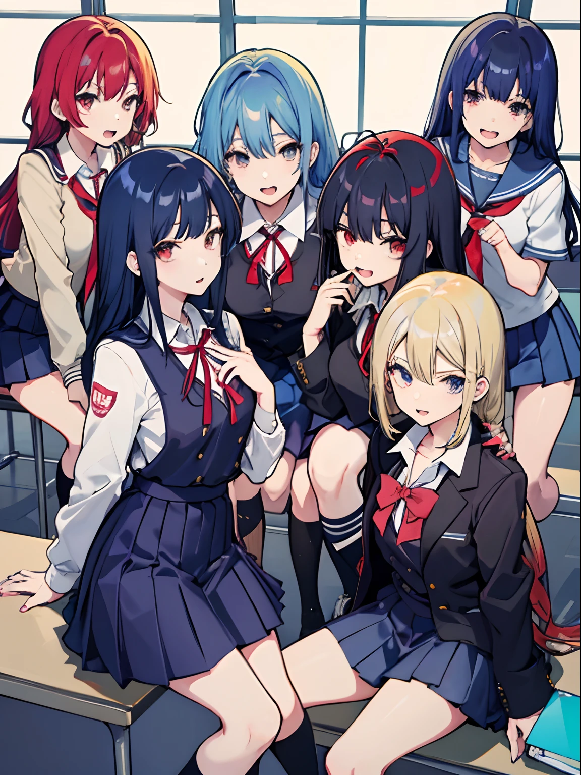 anime girls, 4 girls, school uniforms, blue hair black hair red hair blonde hair, school, together, smug, holding condoms
