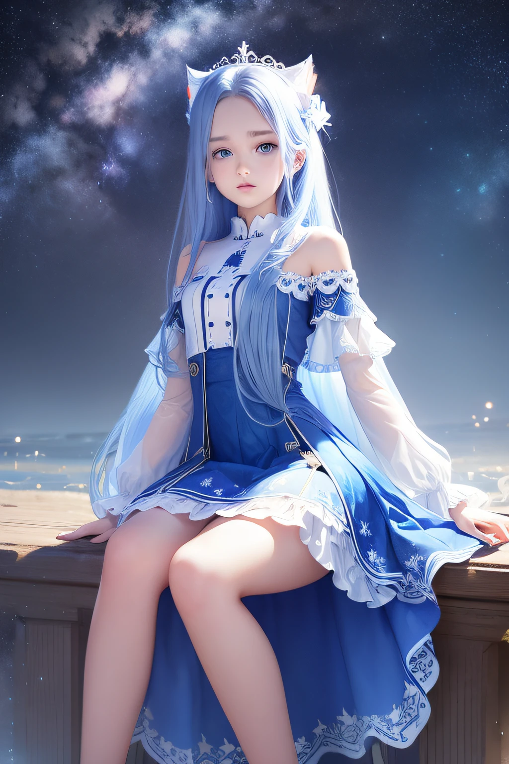 （Best quality，4K，8K，A high resolution，Masterpiece：1.2），Ultra-detailed，（Realistic，Photorealistic，photo-realistic：1.37），blue long hair， Blue eyes， A flowing blue dress， White top，Seven-point sleeves， Seated， teens girl， combed hair， Starry sky background， Halo， White cat