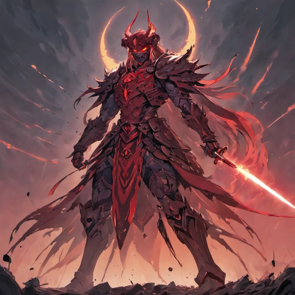 An exoskeleton warrior with vibrant red tattoos resembling vampire fangs, fully armored and wielding powerful weapons. [ExoArmor] glistening under the intense light of the moon, revealing intricate details in every joint and metallic plate. The warrior's eyes pierce through the darkness with dark intensity, emanating an otherworldly glow. With every movement, the sound of metal clanking echoes in the air, adding to the atmosphere of imminent battle. [Powerful stance] with a hint of determination, the warrior exudes both strength and mystery. The background is set in a desolate battlefield, with remnants of destruction and the silhouette of a blood-red moon hanging low in the sky. A crimson mist swirls around, enhancing the eerie feel of the scene. The color palette is dominated by shades of deep red and black, intensifying the overall dramatic effect. The lighting is carefully positioned to cast strong shadows, accentuating the warrior's defined muscles and enhancing the atmosphere of tension and power.
