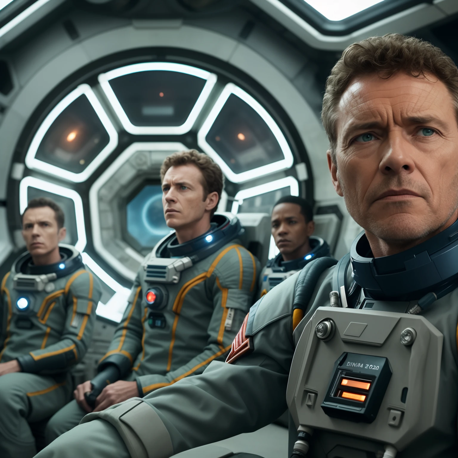 Crew of men in spacesuits sit on a spaceship, in a scifi movie, Filme ainda de Duna 2020, dramatic sci-fi movie still, sci-fi movie still, 8 k filme ainda, an epic scifi movie still, Ainda de um filme de Ridley Scott, Filme ainda do filme Duna-2021, Sci - Science Fiction Movie Still