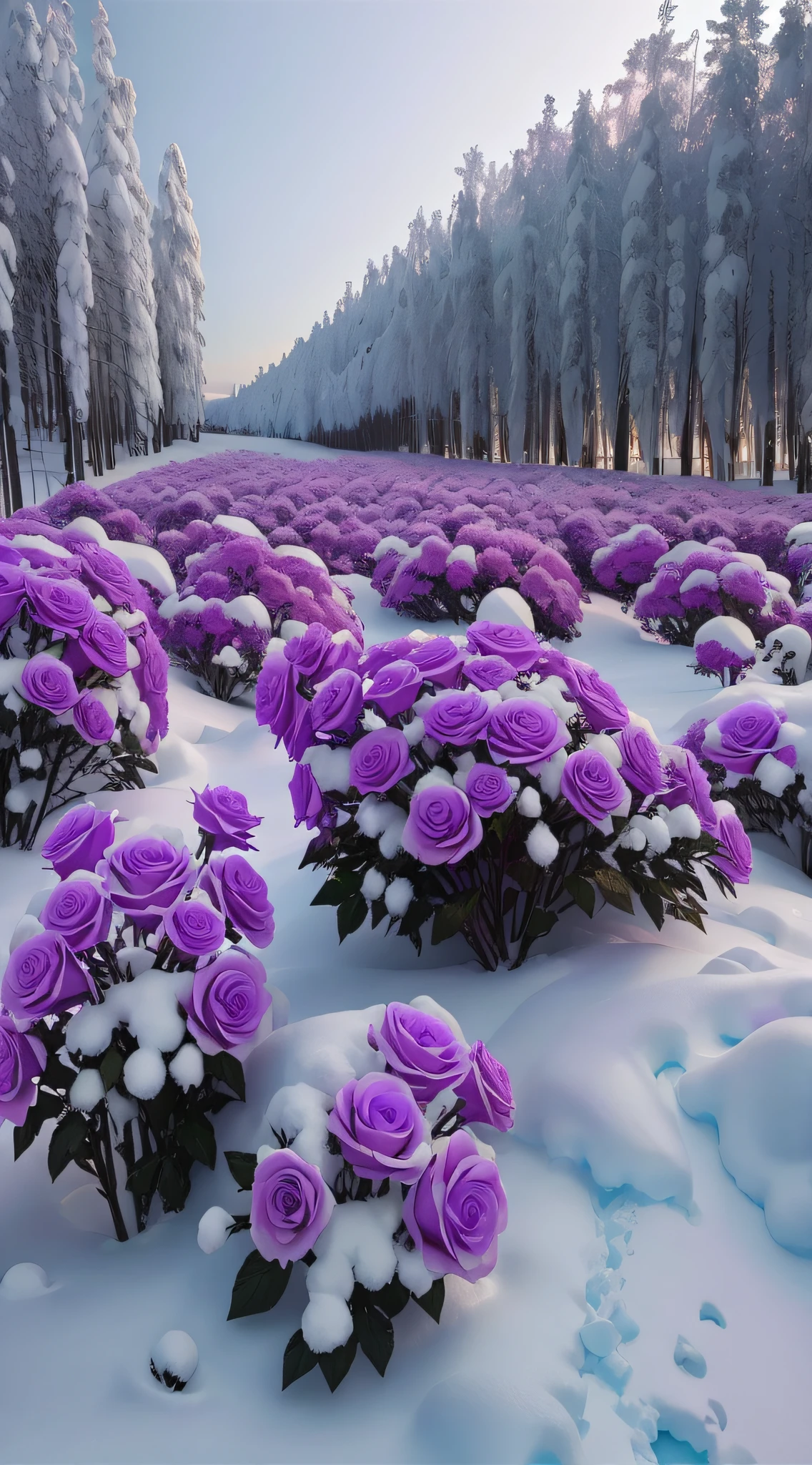 Purple roses in the snow in the snow, surreal waiizi flowers, Really beautiful nature, with frozen flowers around her, Beautiful nature, field of fantasy flowers, inspired by Igor Zenin, Flowers!!!!, Cold but beautiful, Beautiful photography, purple flower trees, soft purple glow, beautiful winter area, Incredibly beautiful, author：Igor Zenin, beautiful snowy landscape