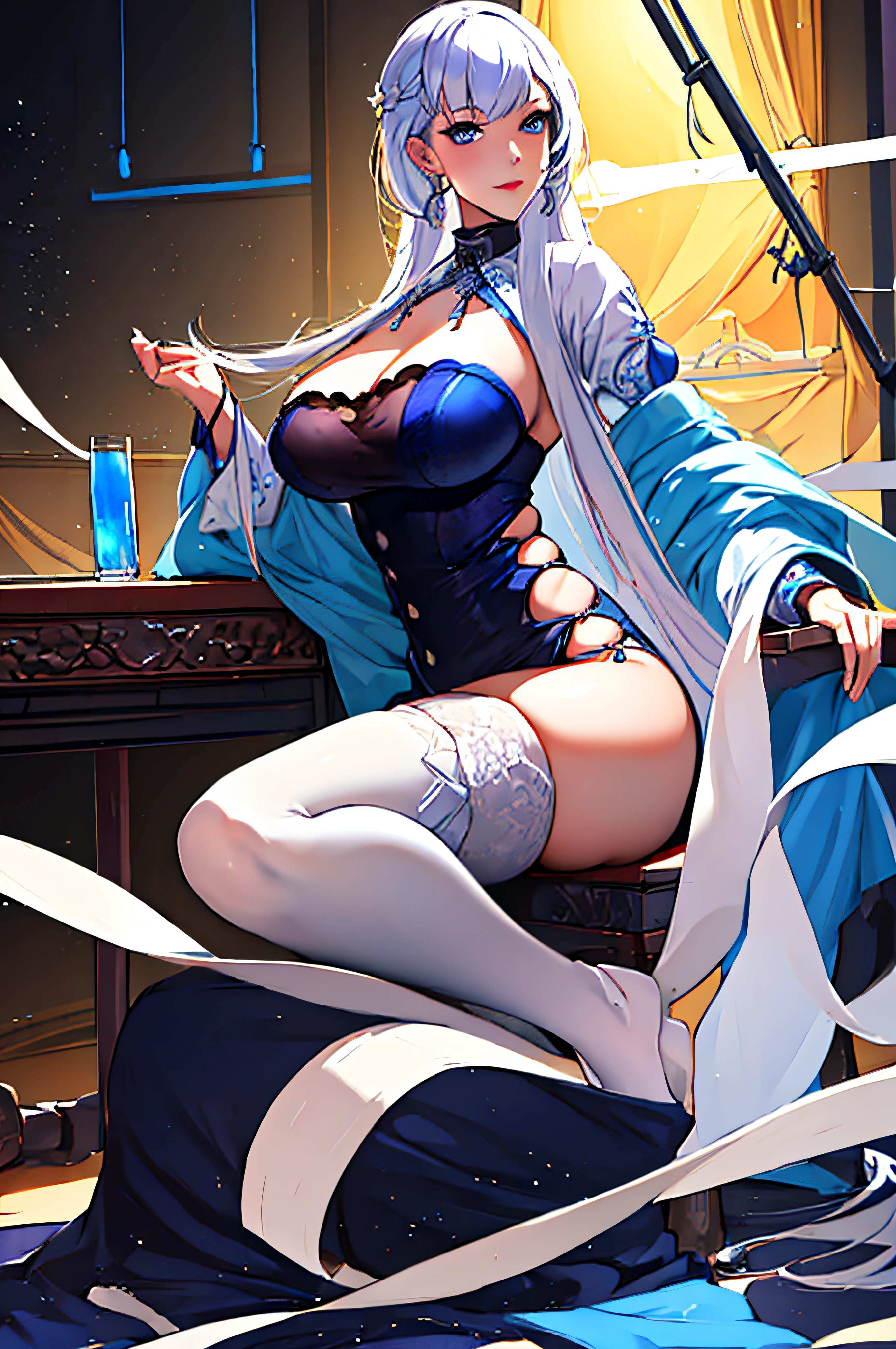 belfastrosa; anime girl wearing a blue chinese dress and white stockings, no shoes, sitting in a red long chair, drinking a glass of red wine; sitting on a long chair; sitting; blue qipao; chinese dress; white stockings; pantyhose; smile; smiling; cheerful facial expression; older females; mature women; long platinium hair; hair accessory; earings; thin necklace; big ass; round ass; bubble butt; perfect butt; large breasts; perfect breasts; cleavage; shaped thighs; crossed legs; morning light; sunlight; ethereal; looking at viewer; seductive anime girls; seductive look; sexy pose; full body; (full body shot:1.1); beautiful detailed eyes; beautiful detailed girl; curvy:1.1; dynamic pose; perfect eyes; perfect face; perfect retina; perfect hands; perfect fingers; perfect feet; perfect toes; ultra detail face; ultra detail hair; very detailed eyes and face; ambient occlusion; cinematic lighting; field of view; fluid motion; harmony; interconnected elements; movie lighting; photorealistic lighting; realistic shadows; (vibrant colors:1.05); vivid lighting; warm and cool color palette; amazing; solo; trending on artstation pixiv; 8k wallpaper; best quality; CG; detailed painting; fine detail; (High Quality:1.4); high resolution; huge file size; illustration; Intricate Details; masterpiece; (photorealistic:1.4); professional artwork; (raw photo:1.2); reflective art; sharp focus; super detailed; unified; very detailed; extremely detailed artgerm; (nsfw) Not Safe For Work; from Azur Lane; Azur Lane Style;