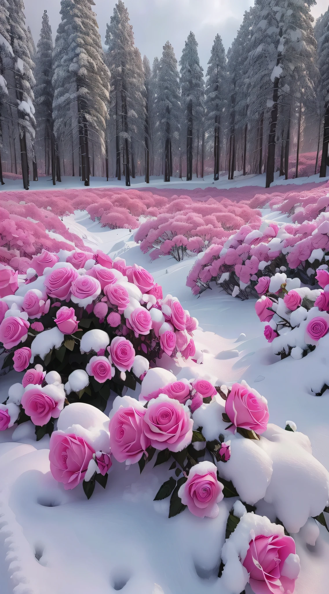 There are many pink roses covered in snow, Really beautiful nature, with frozen flowers around her, surreal waiizi flowers, Pink Forest, Beautiful nature, in pink forest, beautiful winter area, Flowers!!!!, pink landscape, field of pink flowers, beautiful snowy landscape, flowers rain everywhere, field of fantasy flowers, Cold but beautiful, Beautiful flowers