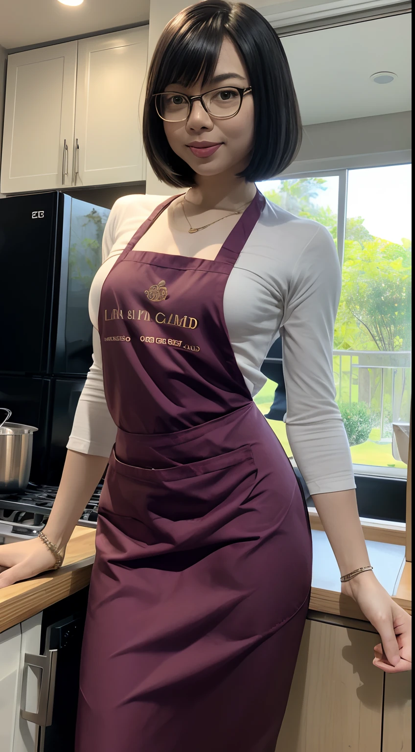 Create an elegant kitchen scene as the Malay girl naked and wears a tailored apron and prepares a gourmet meal, wear glasses, short bright purple hair, bob haircut with bangs, small abs, wide hips, thick thighs, small round ass, petite, focusing on her petite charm and the intricacies of her cooking attire