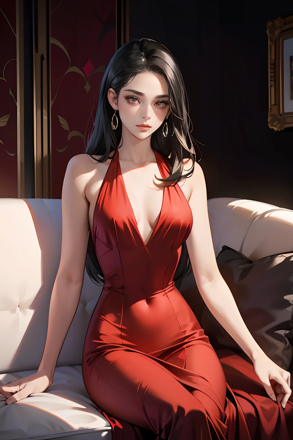 1 girl,Perfect female body,Adult female, eye looking to camera,(Red evening dress,silver trinkets,Black hair),sitting in the couch, Forehead,dramatic shadow, Ray tracing,(tmasterpiece, high resolution, ultra - detailed:1.0), Half body, socializing