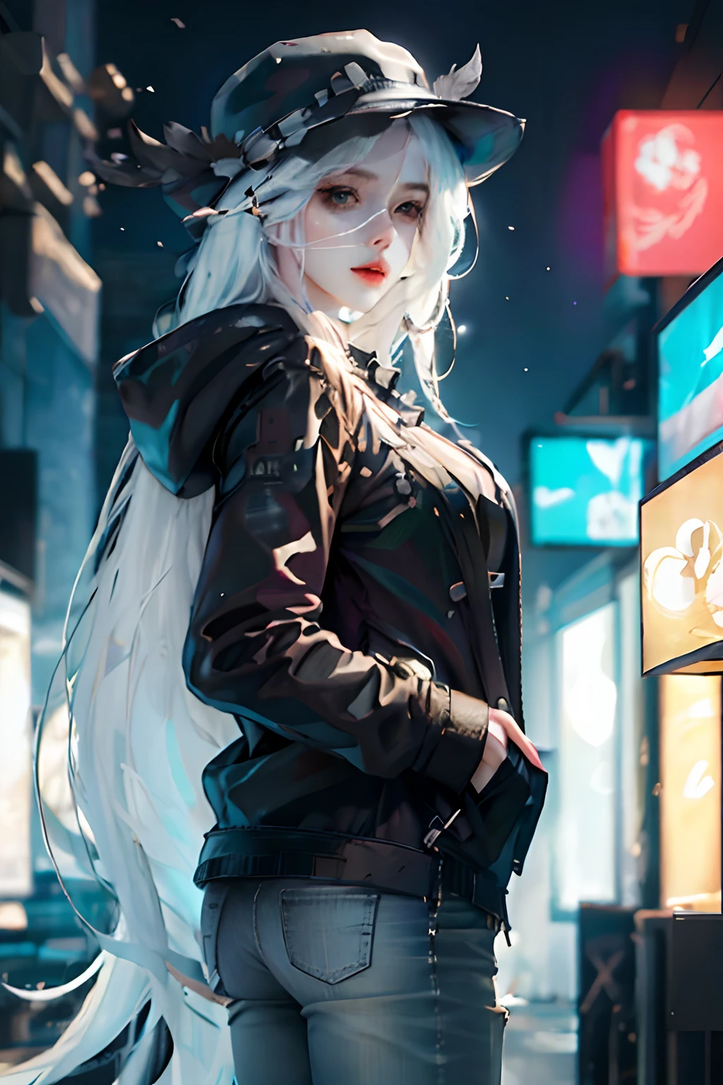 1 girl, White hair, black hat, black jacket, jeans