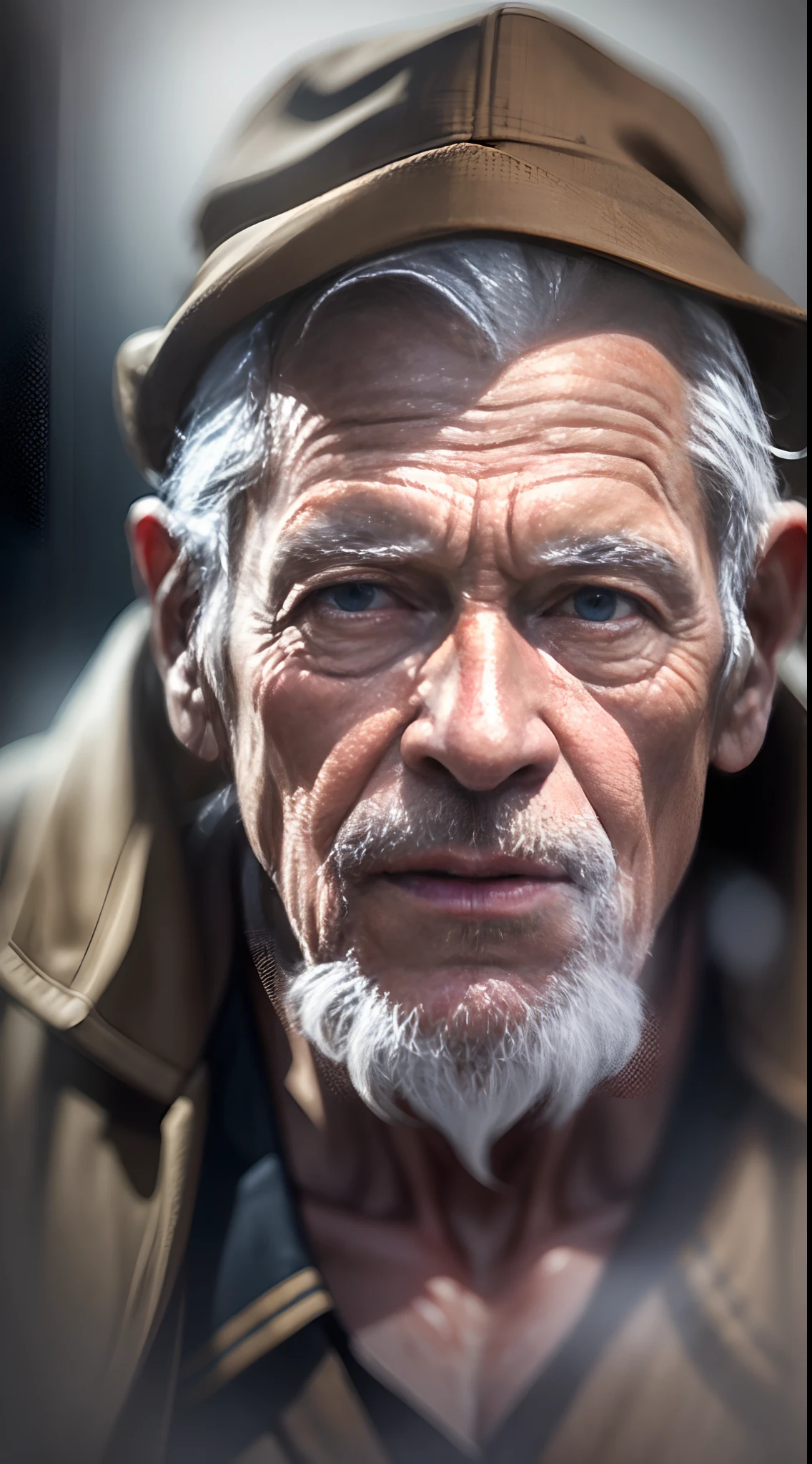 A 90-year-old man who is extremely lonely on a rainy night，Ultra-detailed detailing，Highlight the atmosphere of despair and loneliness，Ultra-realistic seniors，The aging on the face is vividly portrayed，wrinkles，Extreme light and shadow，Extreme light chasing，Extremely reflected light，Extreme ambient light，Hyper-realistic，tmasterpiece，oil painted