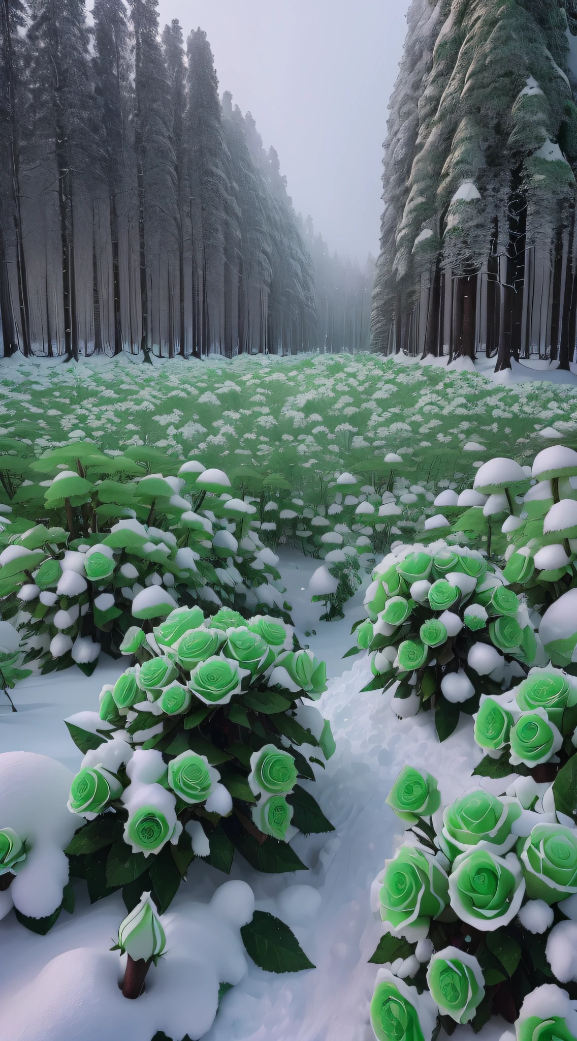 There are many green roses in the snow in the middle of the woods, surreal waiizi flowers, forest made of mushrooms, really beautiful forest, Strange alien forest, snow forest, Really beautiful nature, with frozen flowers around her, German forests, surreal frozen landscape, surreal forest, candy forest, humanoids overgrown with flowers, mandelbulb flowers and trees
