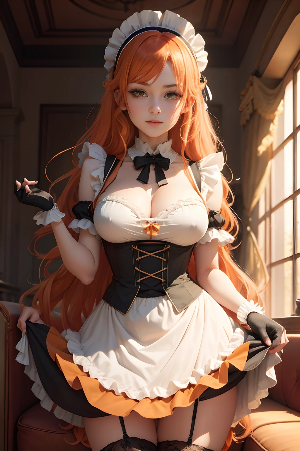 /draw apron orange_hair green_eyes breasts breasts_out couch dress female frills gloves highres koruse large_breasts long_hair looking_at_viewer lying maid maid_apron maid_headdress no_panties original solo gloves pantyhose HD UHD HQ