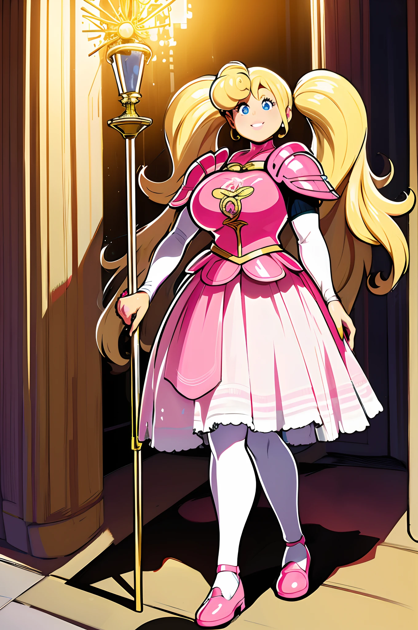 skirt vest, pantyhose, twintail, long hair, blond hair, knight, medium breast,honey lucmore,blue eyes,, walking, staff holding, cape,smile, 1character, 1girl, walking, magical girl,, solo focus, one character,pink lips, palading armor, knight, pink lipstic,best quality,4k,8k,highres,masterpiece:1.2),mega-detailed,(,1.37),portraits,vivid colors,warm tones,soft lighting,, full body