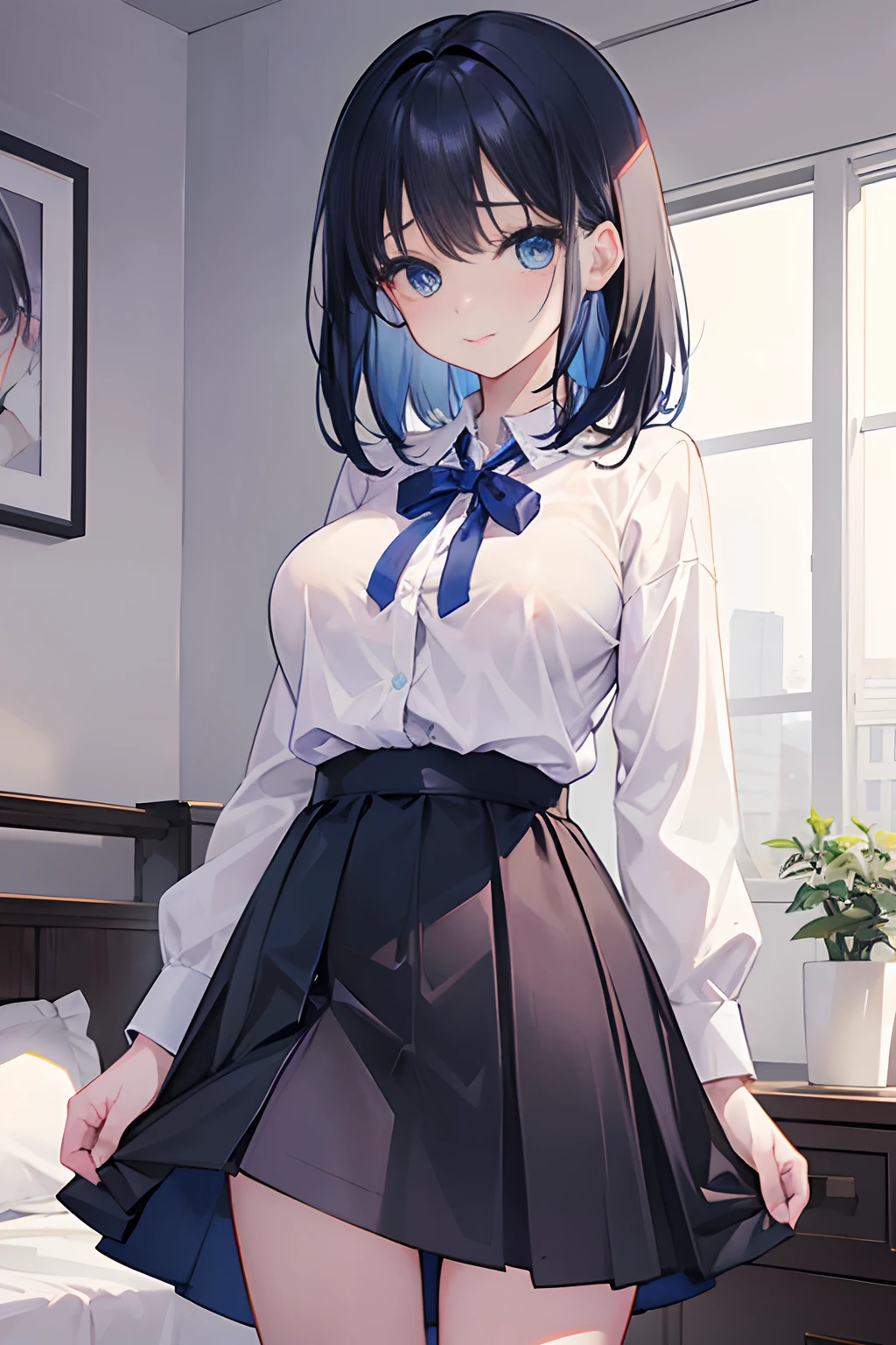beautiful a girl、Medium Hair、friendly、cute little、Black skirt、Blue eyes、Colossal tits、Colossal tits、Colossal tits、Top image quality、ssex、tongue、Whip whip、embarrassed from、cool lady、Office Casual、working adults、the kiss、suki、A dark-haired、Blue Inner Color、AHE Face、large boob、Clothes buttons are closed、I can't see the chest、Close your chest with your arms in front of you、gently smiling、smil、Wearing a white shirt、Bedrooms、a bed、Sleeping in bed、Wearing a collar、embarassed face、痴女