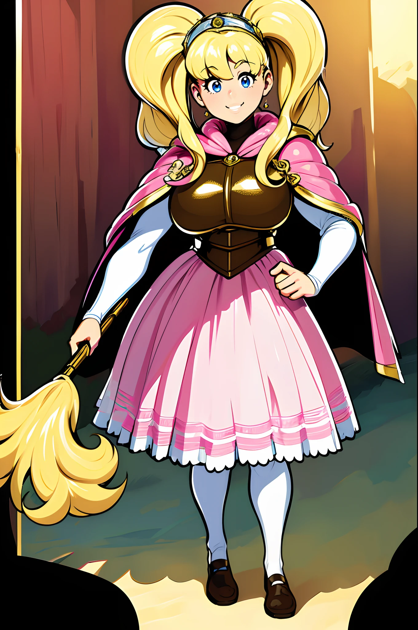 skirt vest, pantyhose, twintail, long hair, blond hair, knight, medium breast,honey lucmore,blue eyes,, walking, staff holding, cape,smile, 1character, 1girl, walking, magical girl,, solo focus, one character,pink lips, palading armor, knight, pink lipstic,best quality,4k,8k,highres,masterpiece:1.2),mega-detailed,(,1.37),portraits,vivid colors,warm tones,soft lighting,, full body