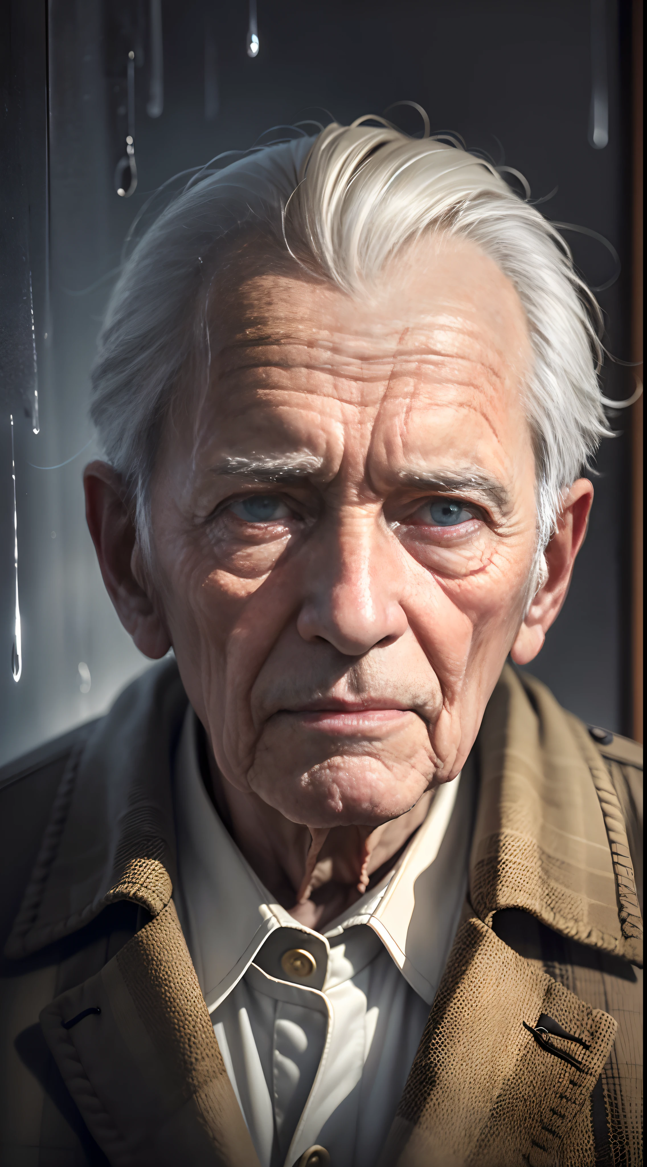 A 90-year-old man who is extremely lonely on a rainy night，Ultra-detailed detailing，Highlight the atmosphere of despair and loneliness，Ultra-realistic seniors，The aging on the face is vividly portrayed，wrinkles，Extreme light and shadow，Extreme light chasing，Extremely reflected light，Extreme ambient light，Hyper-realistic，tmasterpiece，oil painted