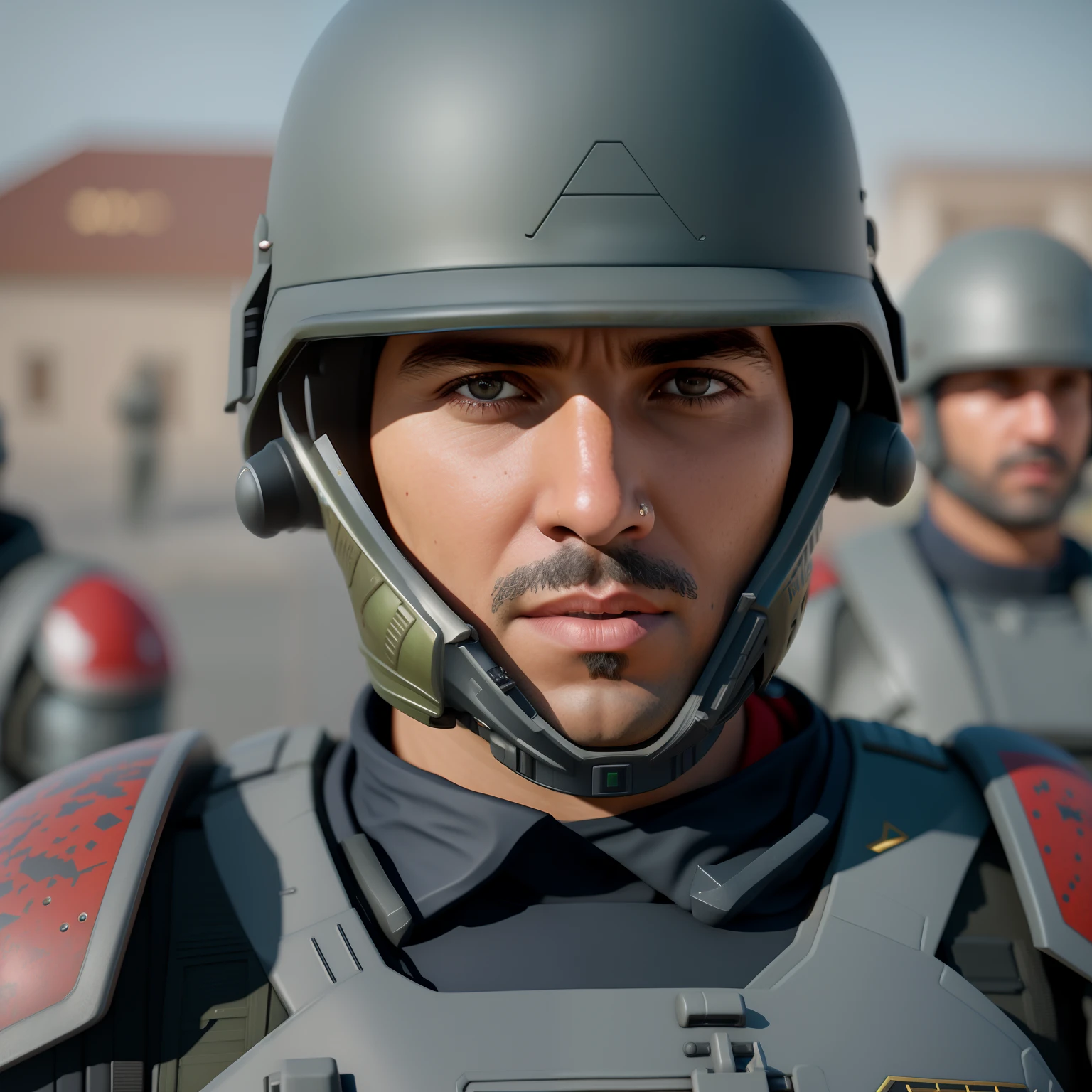 There's a man in a helmet and uniform standing in a row, retrato vfx altamente detalhado de, sci-fi soldier, Retrato VFX altamente detalhado, Personagem pequeno. Motor Unreal 5, soldados realistas, soldado futurista, clothed in sci-fi military armor, Tropas da Starship, policial montado, cinematic close-up of bust, 8k portrait render, pintura digital. octan render