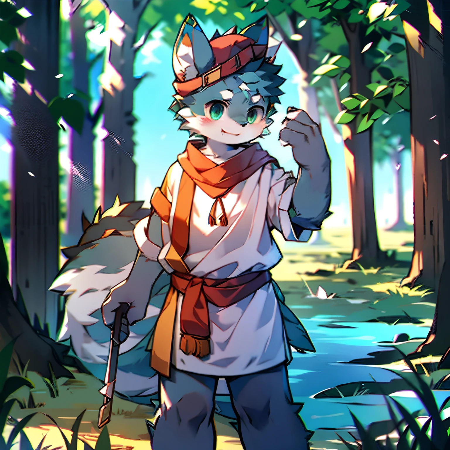 High detail,hyper qualit,high resolution,1080p,独奏,Furry,(Male steppe wolf:1.8),(Gray fur:1.3),Gray skin,Gray ears,Turquoise eyes,Soft paws,Slim body type,Medium height,(Fluffy tail:1.2),Wear ranger clothes,Wear a gray hat,A black slingshot pinned to his waist,Standing alone on a path in the forest